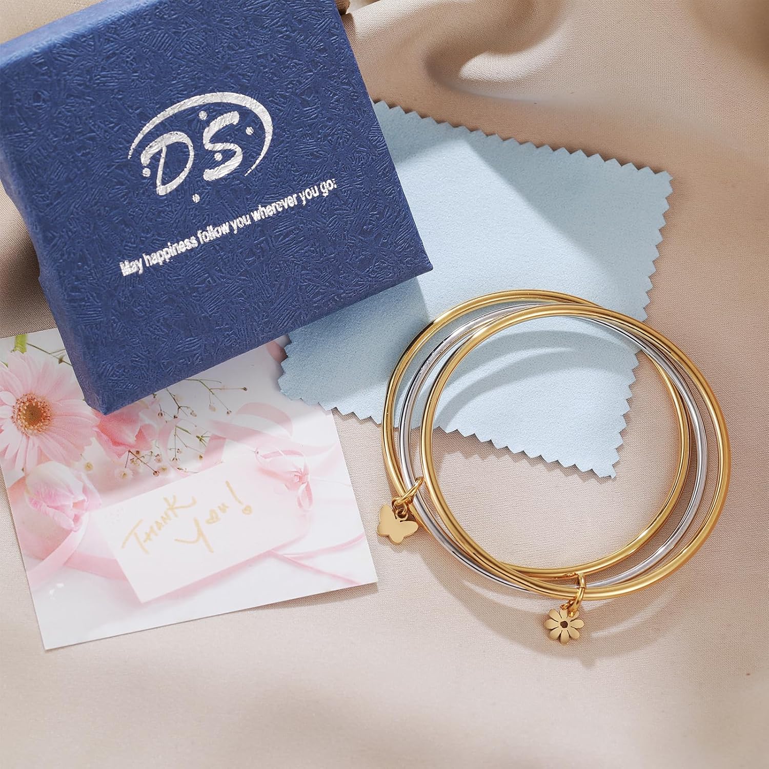 DS Bangle Bracelets for Women 18K Gold Plated Stainless Steel Layering Glossy Stackable Thin Round Wire Cuff Bangle Bracelets Dainty Solid Polished Bracelet Minimalist Jewelry Best Gifts for Love - Image 7