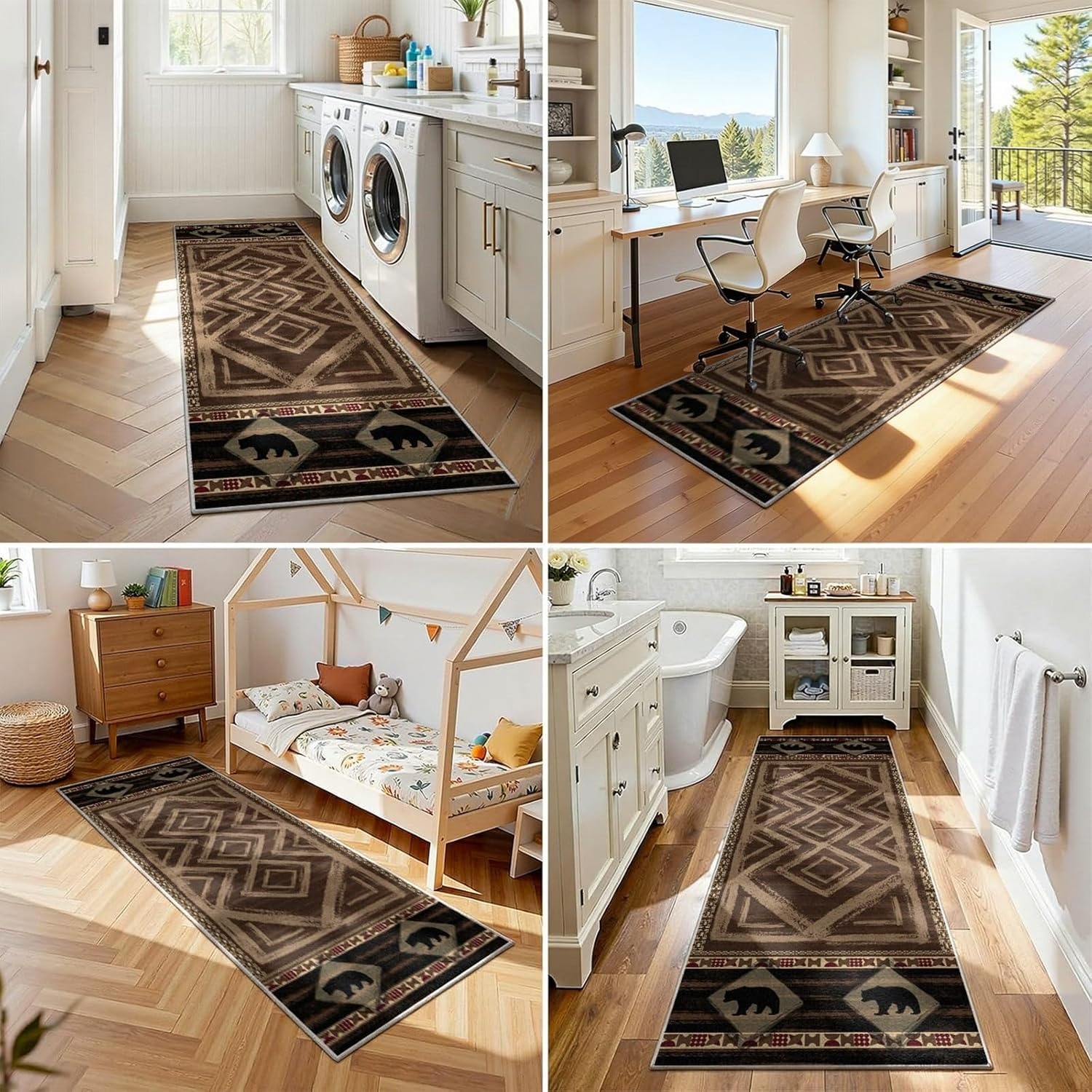 Native Americans Hallway Runner Rug 3.3x7 Bear Rustic Cabin Non-Slip Long Rug for Bedroom Kitchen Hall Laundry Western Bathroom Rugs Waterproof Easy to Clean