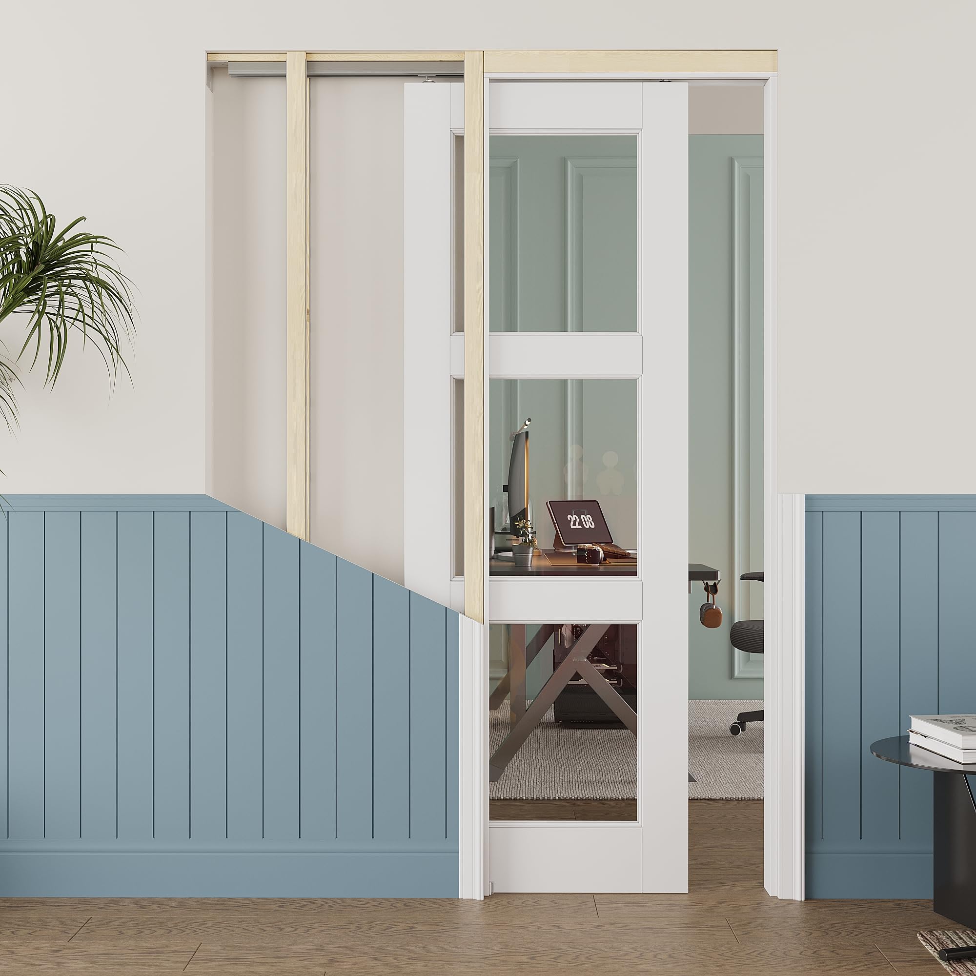 18x80 Sliding Door,Pocket Door,3 Lite Clear Glass Doors,Murphy Hidden Doors