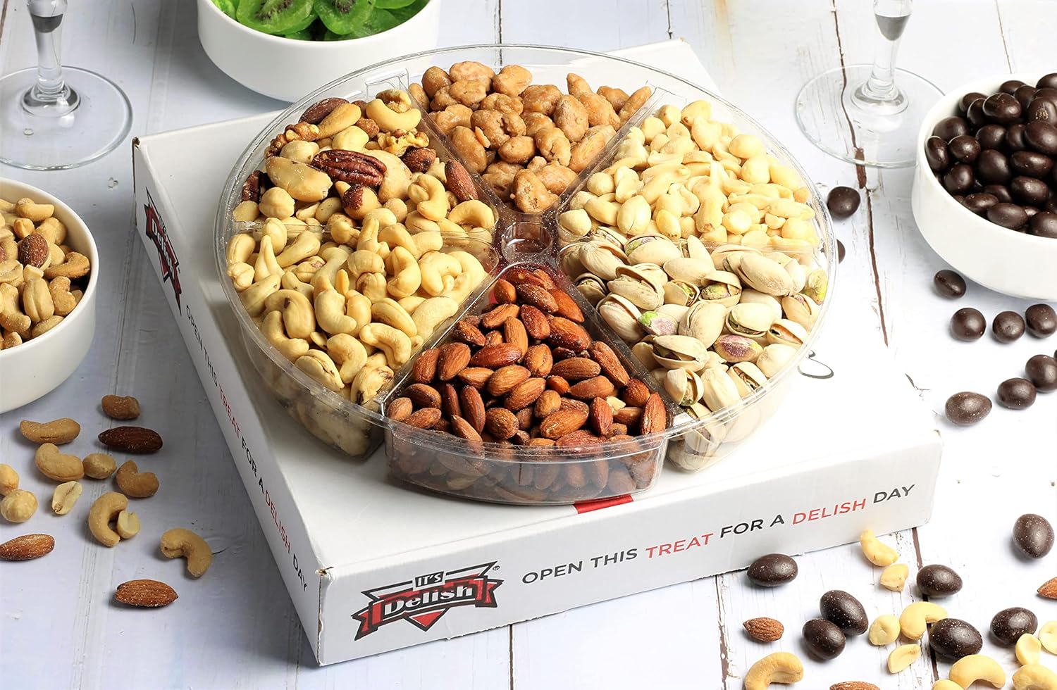 Gourmet Nuts Gift Basket - Nut Assortment Large Gift Tray 6-Pt by It's Delish – Gift Box for Valentines Fathers Mothers Day, Family Parties, Birthday, Anniversary & Sympathy - Vegan, Kosher