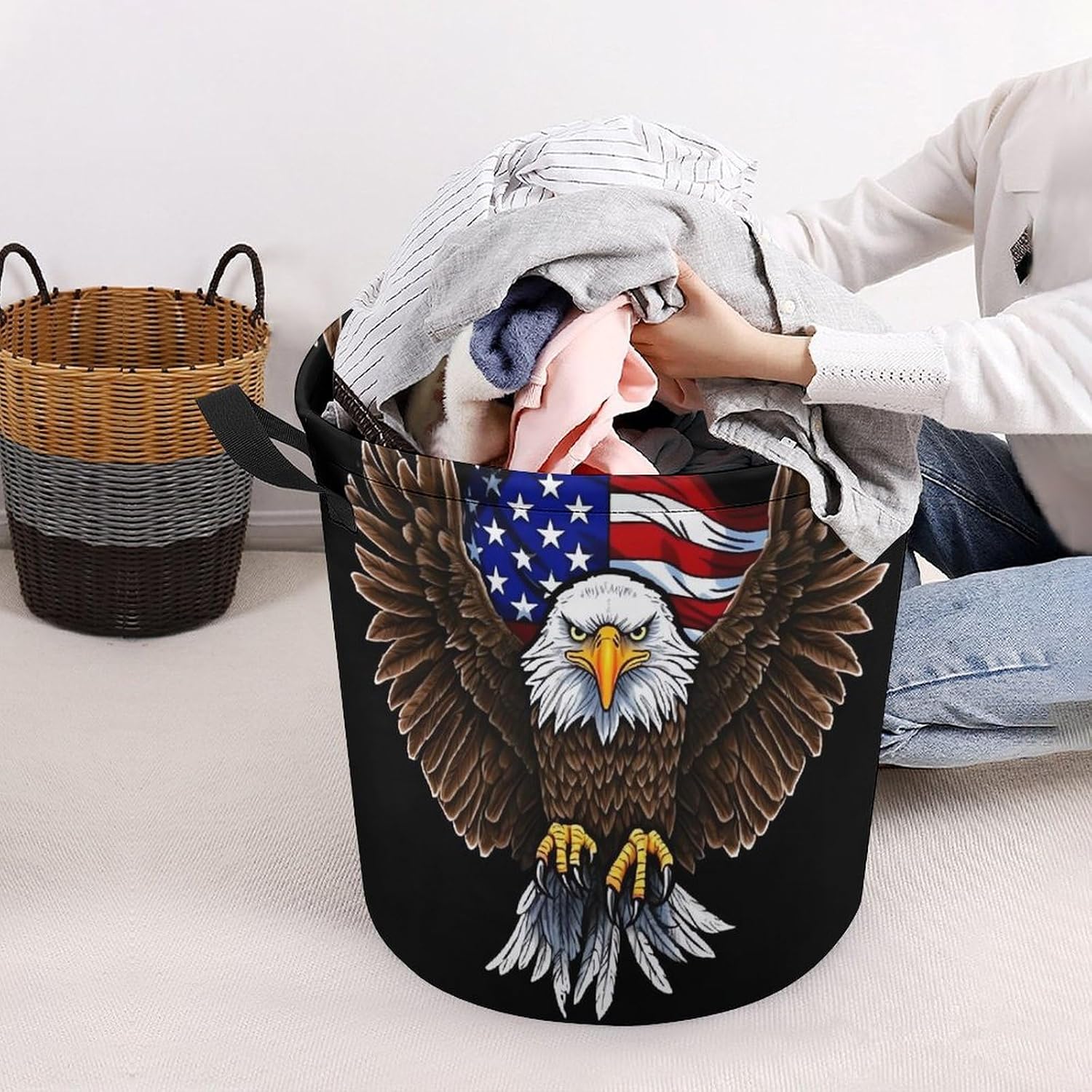 Laundry Basket Waterproof Laundry Hamper with Handles Foldable Dirty Clothes Hamper USA Flag Patriotic Eagle Freestanding Laundry Bag Organizer Tall Storage Basket for Bedroom Bathroom Decor