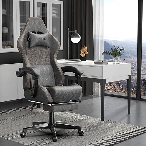 Miniatura 2 de Ferghana Silla vintage de piel sintética para videojuegos, silla de jugador con respaldo alto con masaje, silla ergonómica de oficina para