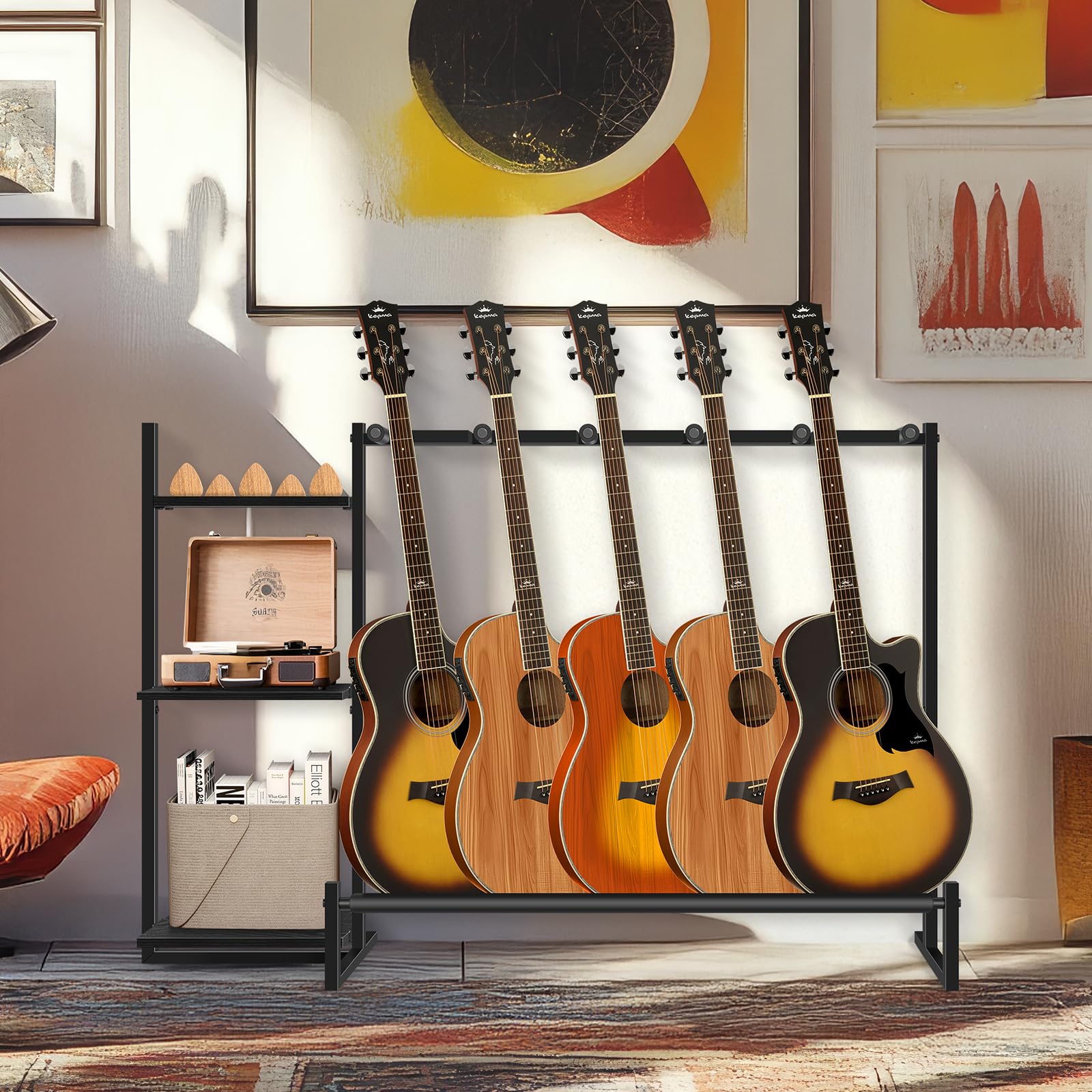 Gitarrenständer, Gitarrenhalter für 5 Saiteninstrumente, geeignet für Akustikgitarre, Bass, Gitarrenständer mit seitlichen Ablagen für Plattenspieler, mit rutschfesten Gummipads, Schwarz