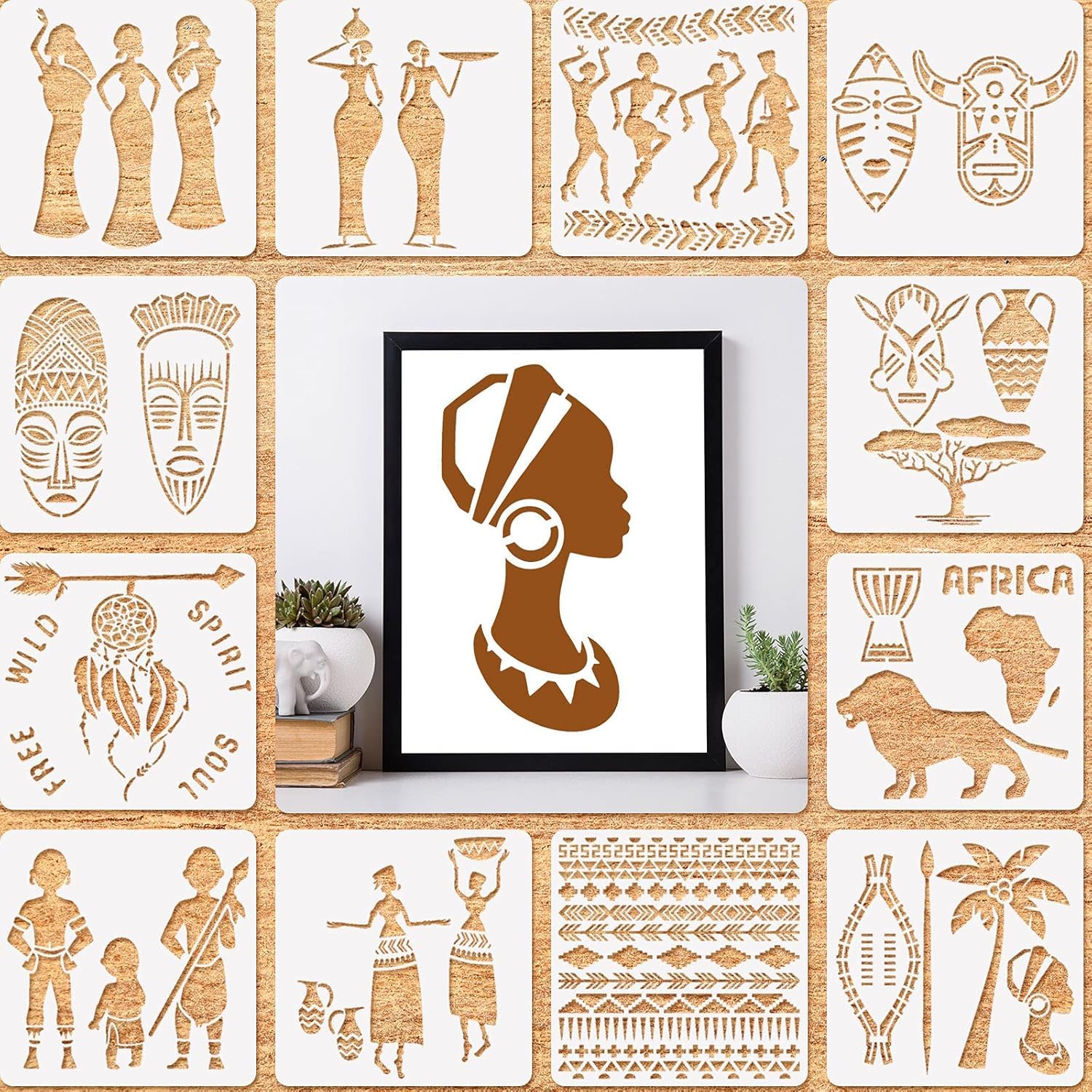 Devasya Crafts 12 Pieces African Tribal Stencils for Painting on Wood African Tribal Painting Stencil Templates Reusable Plastic Art Craft Stencils for Scrapbooking DIY Furniture Wall Floor, 6 x 6 in