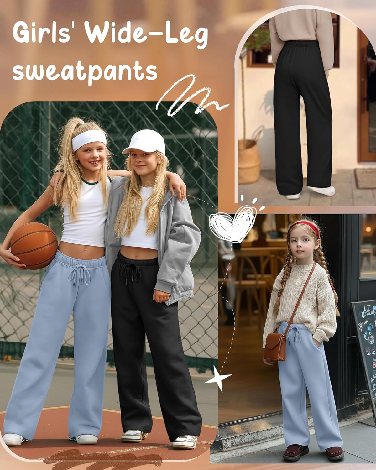 3 Pack Girls' Sweatpants Wide Leg Drawstring Casual Kids Joggers Open Bottom Loose Solid Teen Pants with Pockets - Image 3