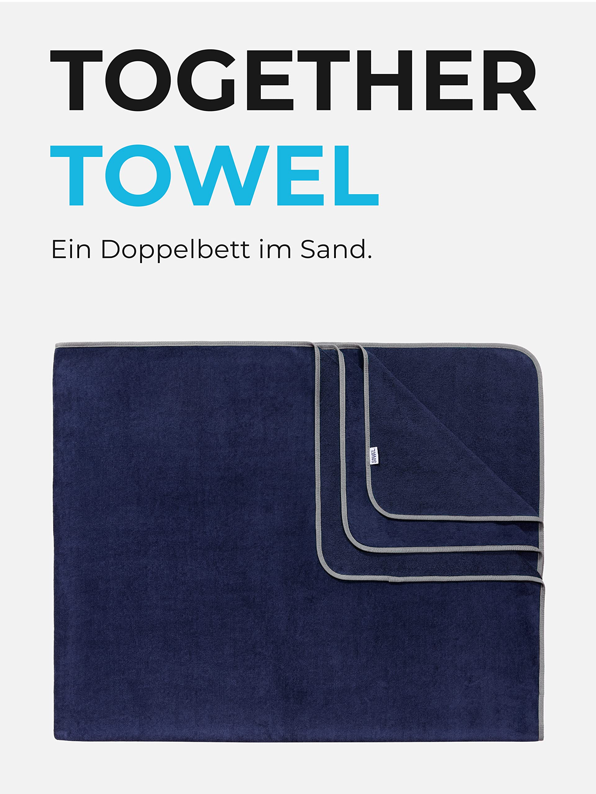 Sowel® Serviette de Plage XXL, 200 x 160 cm, Grande Serviette de Bain pour Partenaires et Familles, 100% Coton Biologique, Éponge, Velours, Fouta pour Femmes et Hommes, Bleu Marine/Gris