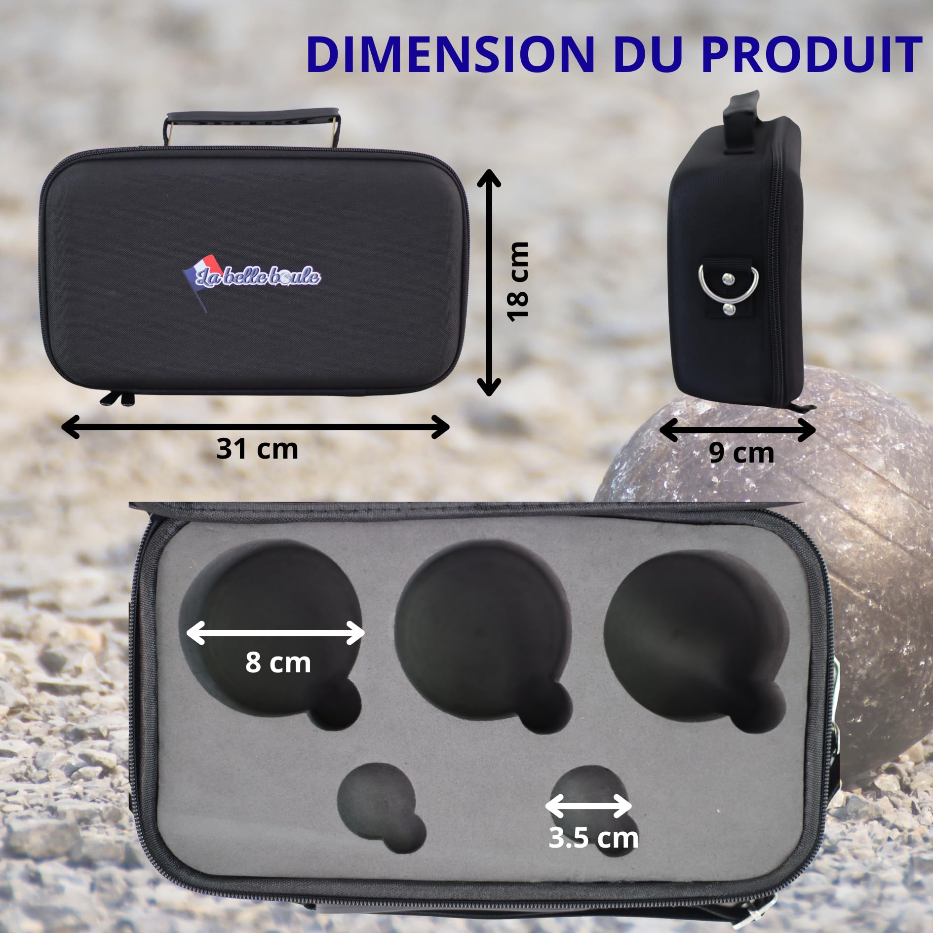Tasche für Boccia, Hartschale, 3 Kugeln bis 8 cm, Tripletttasche für Petanque, Transporttasche, leiser Transport, verstellbarer Schultergurt, integrierter Griff, einzeln verkauft