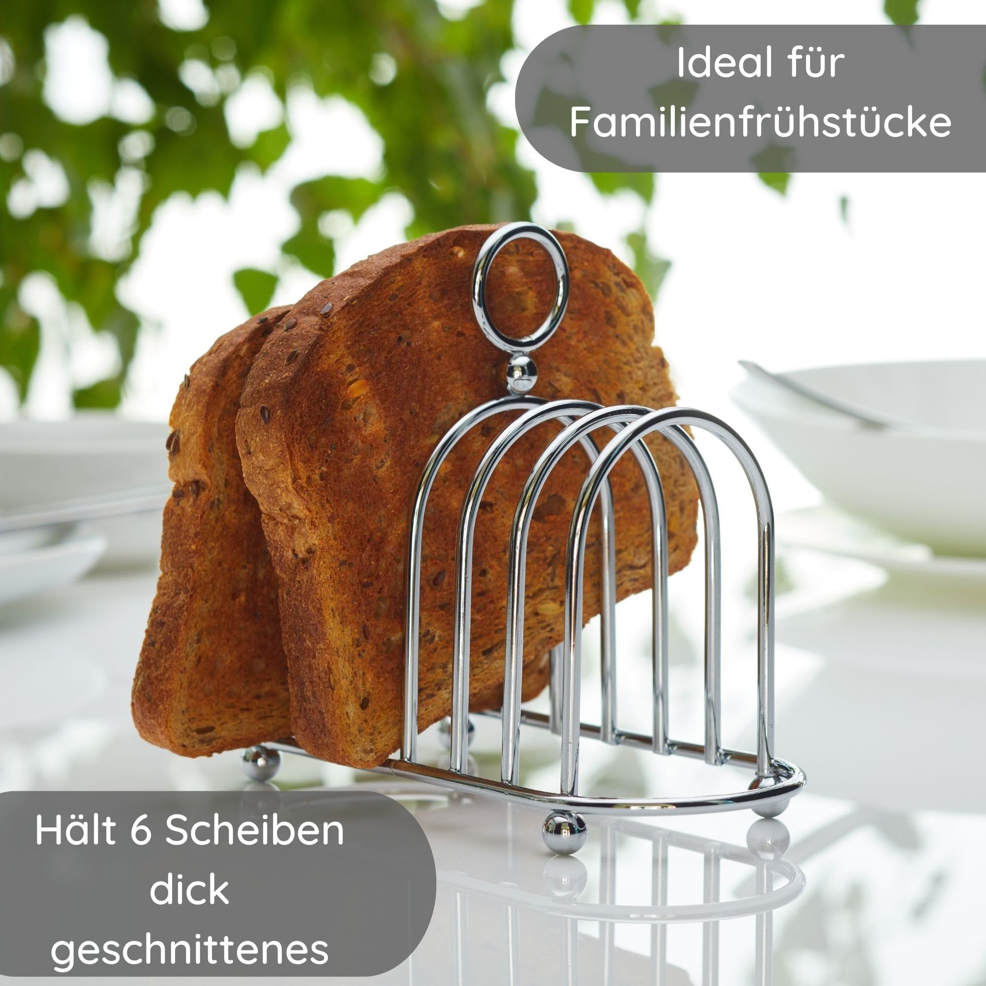 Viktorianischer Toastständer aus Chrom von Muldale – Vintage Edelstahl Toastständer mit Kugelfüßen für 6 Scheiben – Inklusive Tragegriff und Toasthalter – Robust und gehärtet | Kugelfüße – Ständer mit Tragegriff – stabil und gehärtet – 1,4 cm breiter Spal