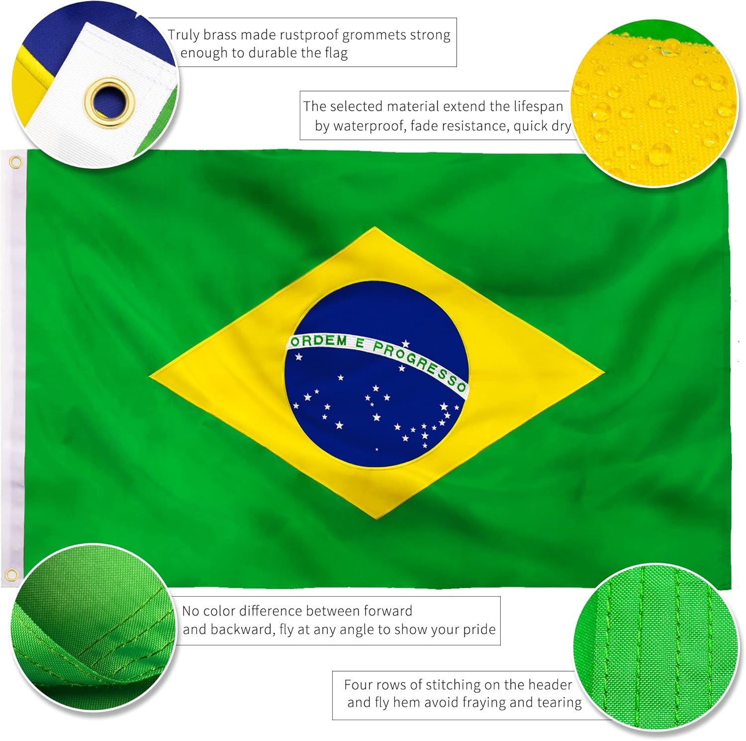 XIFAN Premium Brazil Flag 3x5 ft Outdoor, Large Double Sided Heavy Duty 210D Nylon Embroidered Brazilian National Country Flag, Longest Lasting Decoration with Brass Grommets, Bandeira Do Brasil