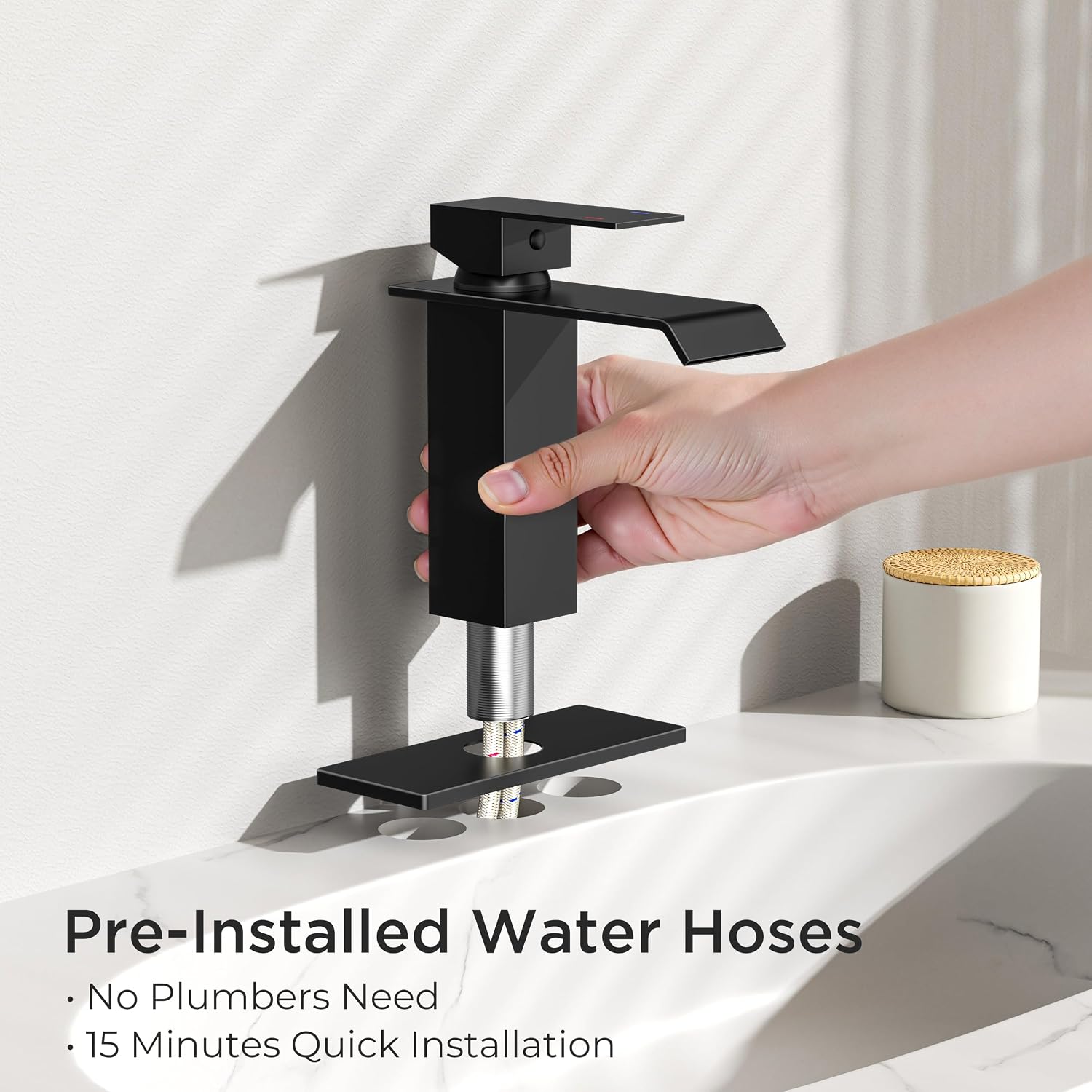 FORIOUS Bathroom Faucet 1 Hole Single Handle Vanity Sink Faucet Matte Black | Sqaure Waterfall Spout, 1 or 3 Hole 4 Inch Centerset Sink with Drain and Hoses, for Vanity Rv Commercial Lavatory Restroom