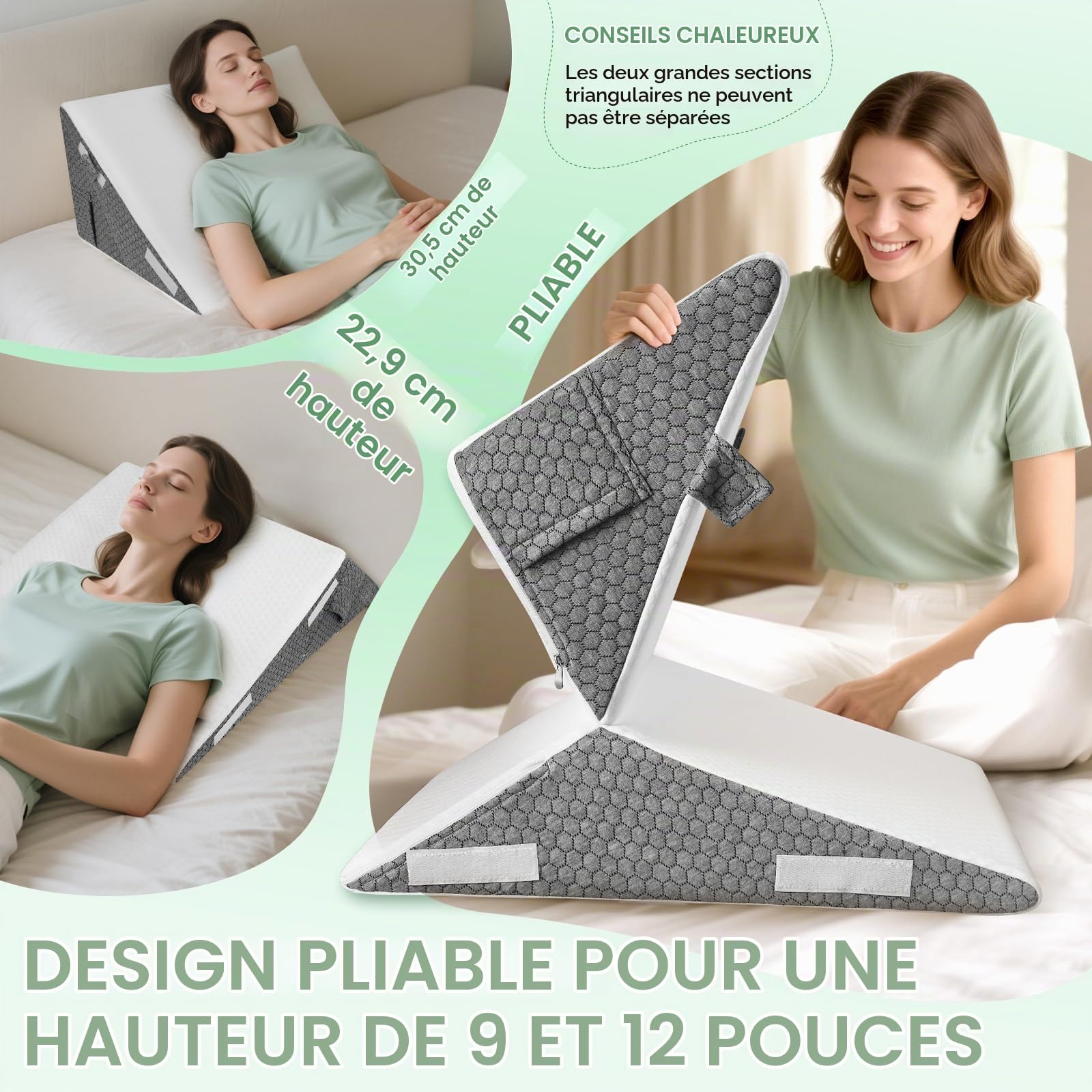Coussin Incliné pour Lit, Oreiller Triangulaire Ergonomique en Mémoire de Forme pour l'apnée du Sommeil, Coussin de Coin, Le ronflement, Reflux Acide, Élévation des Jambes (Blanc Gris)