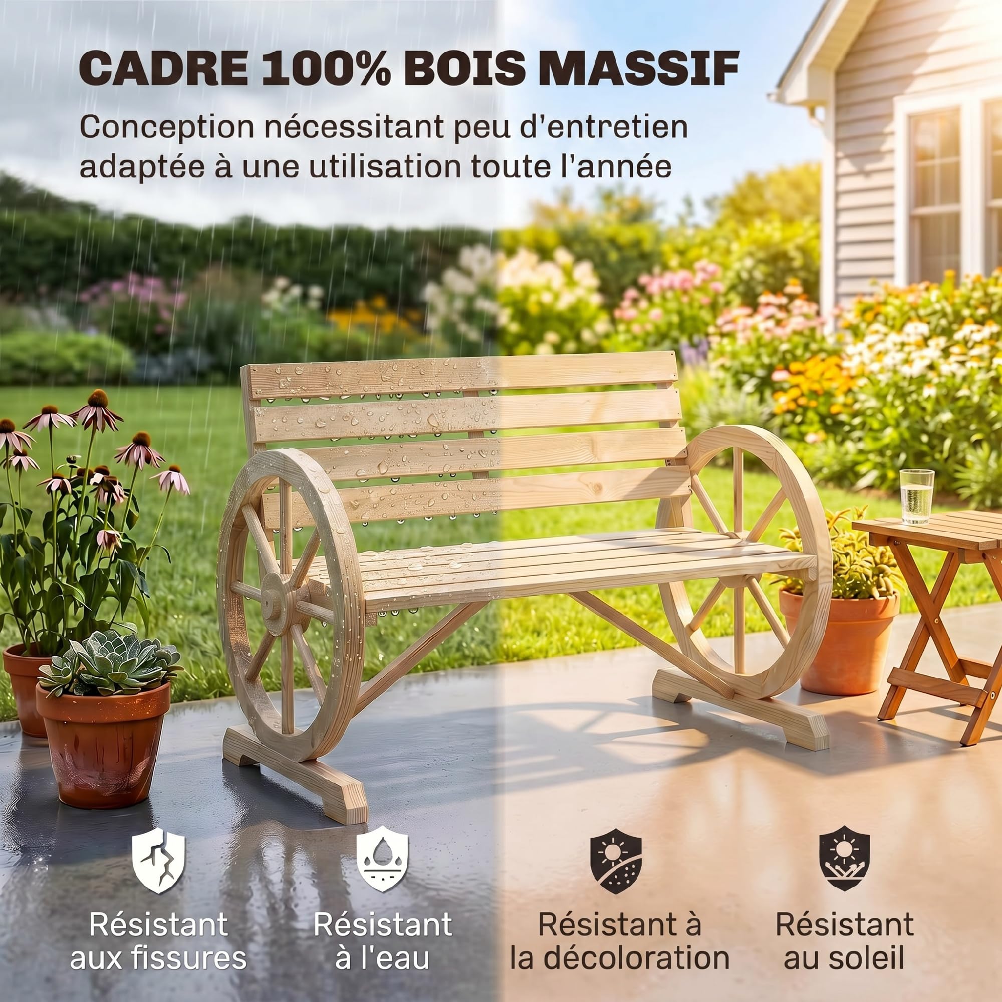 Outsunny Banc de Jardin Banc 3 Places Banc en Bois Style Rustique Chic accoudoirs Roues Charette Bois Sapin Effet Bois Naturel