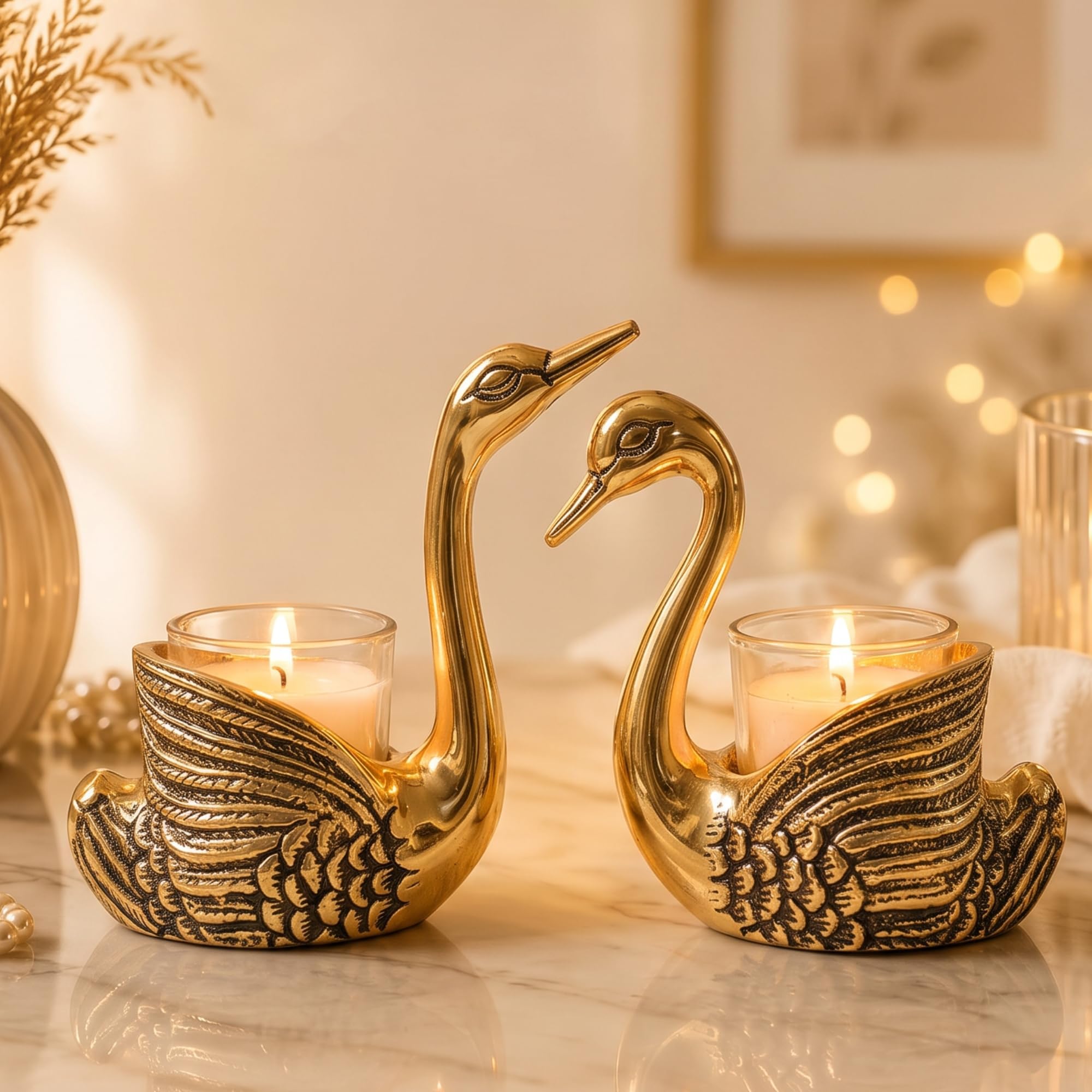 BEHOMA Metal Pair of Swans with Gift Box for Good Luck Feng Shui Love Gifts | Candle Holder for Home Decor Living Room | Showpiece Anniversary Wedding Gifts for Couple (Candles not Included) Gold