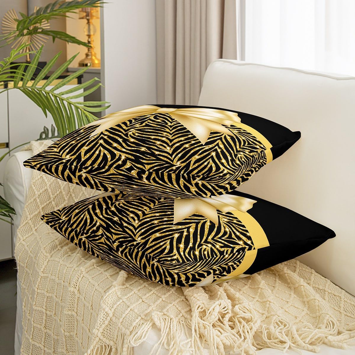 Golden Glitter Print Throw Pillow Covers 24"x24" Set of 2 Golden Bowknot Decor Pastel Print Throw Pillow Covers Black Decorative Pillow Case Pillowcase for Sofa Couch Bed Chair Car(No Glitter)