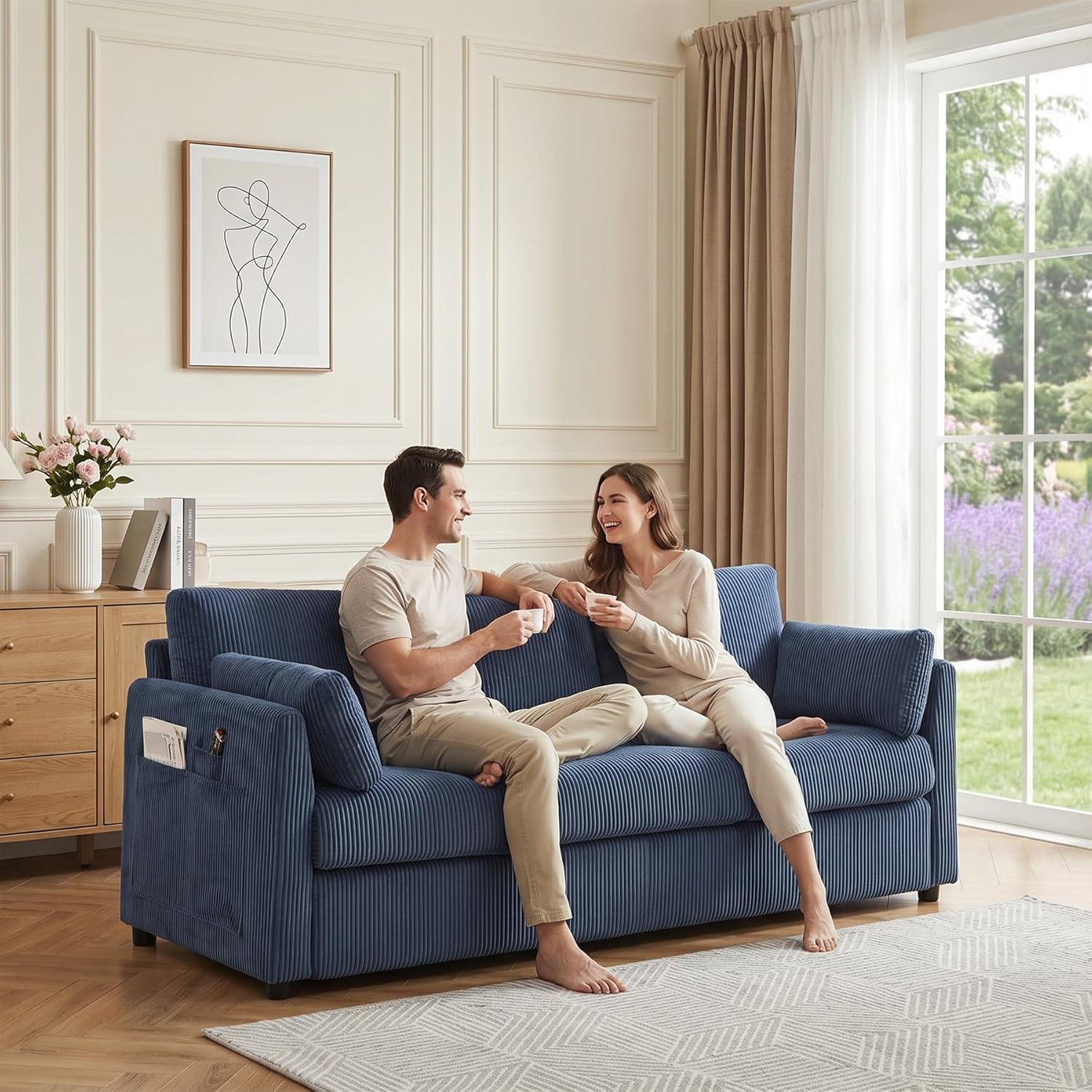 3 Pieces Corduroy Living Room Sofa Sets, Navy Blue Couch with Set of 2 Reading Armchairs, Comfy Pillows and Storage Pockets, Modern Living Room Furniture Sets for Apartment, Small Spaces