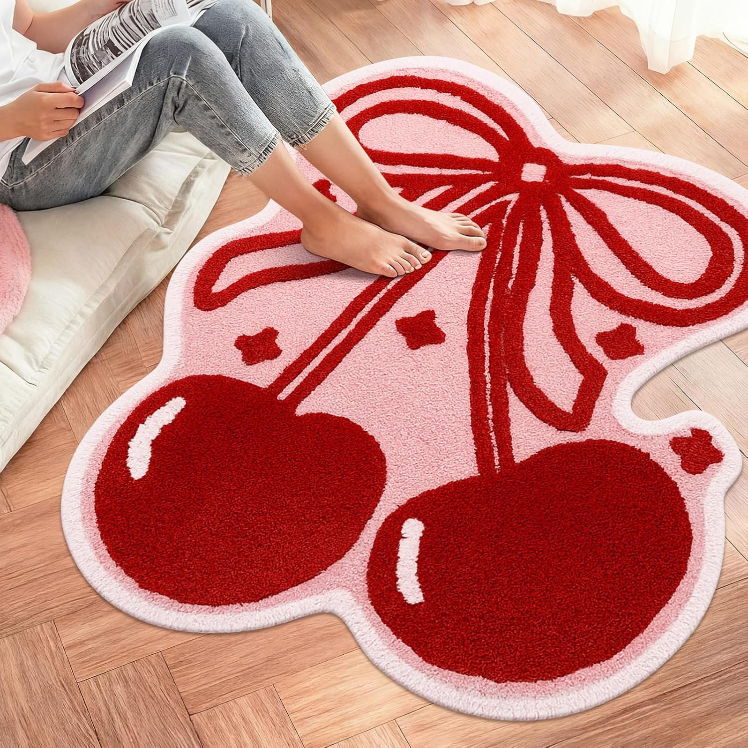 Nuanchu Cherry Bow Bathroom Rug 39.4 x 31.5'' Cute Cherry Red Bow Rug Soft Non Slip Fruit Shaped Absorbent Bath Mat Machine Washable Bath Mat for Bathroom Bedroom Living Room Home Decor
