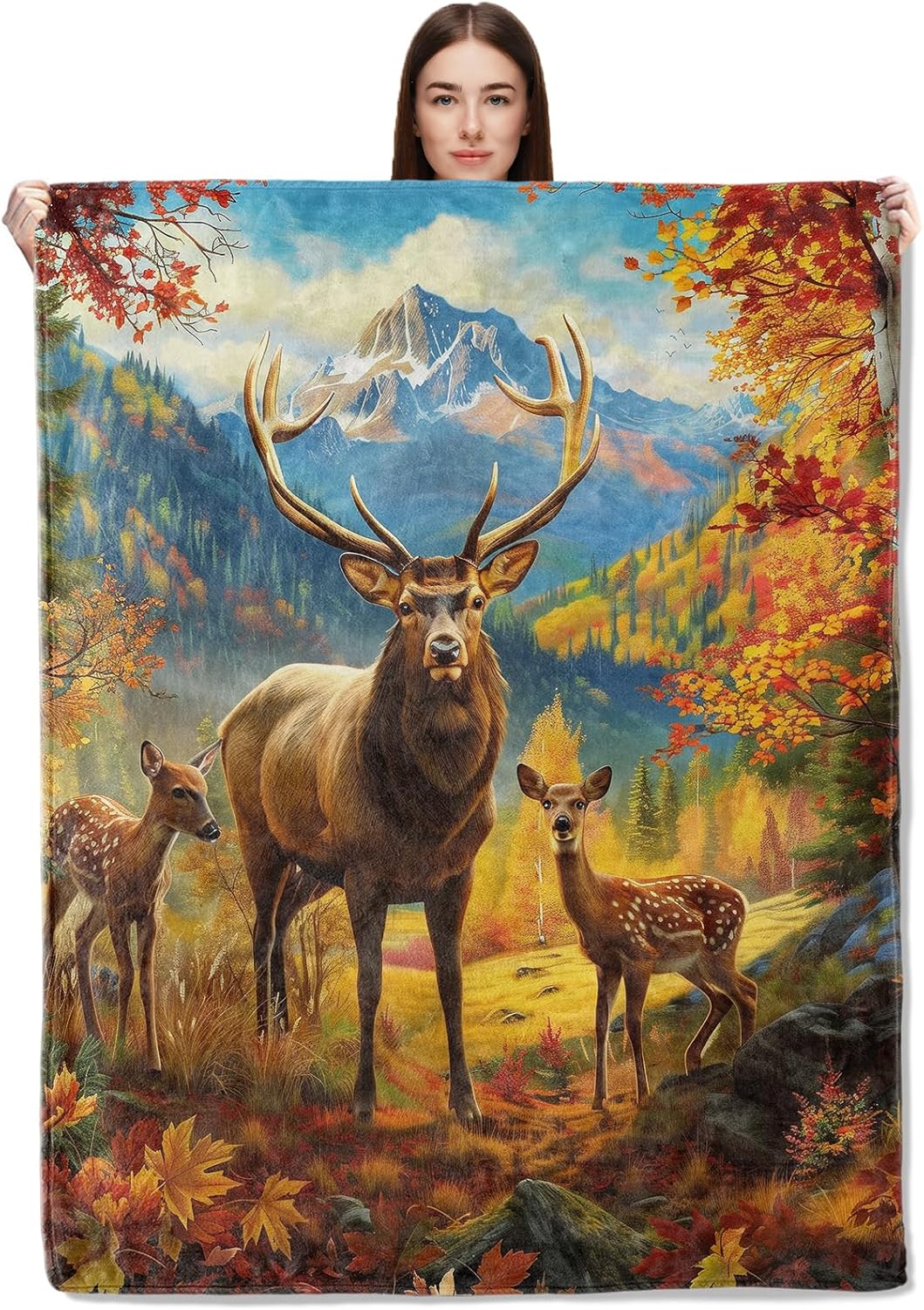 Autumn Deer Flannel Throw Blanket 60X80 Inch, Majestic Wildlife in Mountain Forest Landscape Blankets Soft Cozy Fleece Throws for Animal Lover Bed Sofa Dorm Living Room Fall Decor Gifts