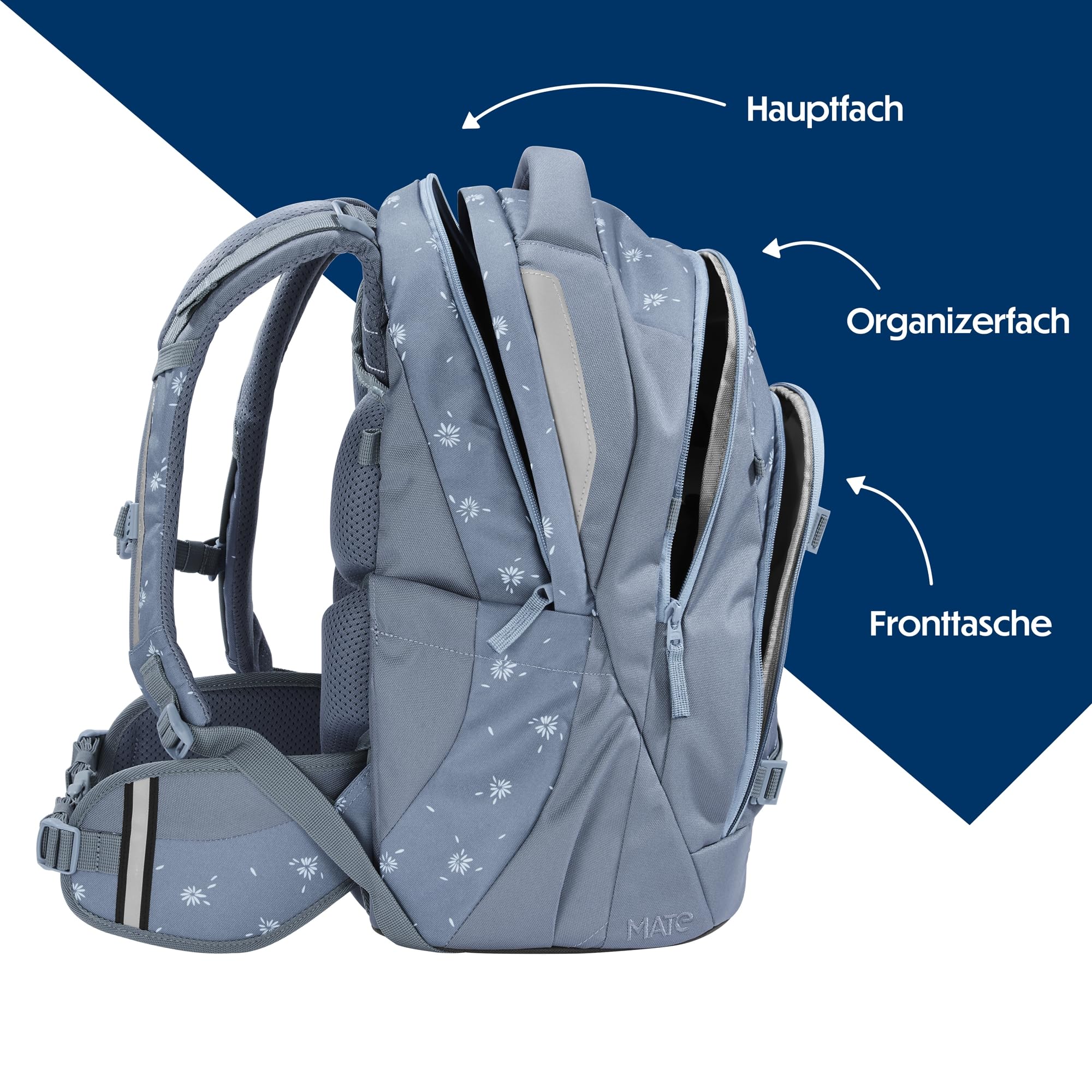 coocazoo Mate Schulrucksack „Bloomy Daisy”, hellgrau, ergonomischer & anpassbarer Tornister, höhen- & größenverstellbar, mit Brustgurt & Hüftgurt, ab der 3. Klasse