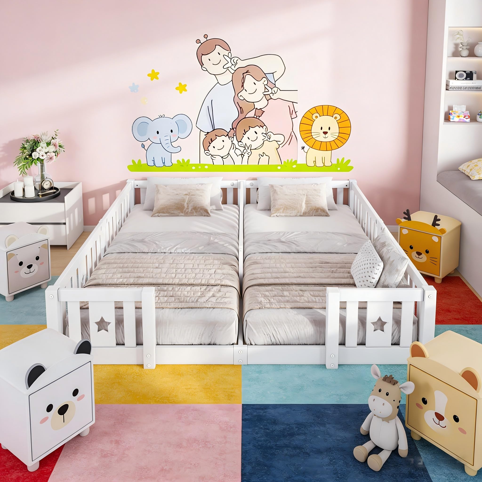 Letto Montessori Doppio 2x90x200 in Legno Massello, Letto Bambini con Sponde di Sicurezza, Letto a Terra per Cameretta, Letto Bambini Montessori, senza Rete a Doghe, Bianco
