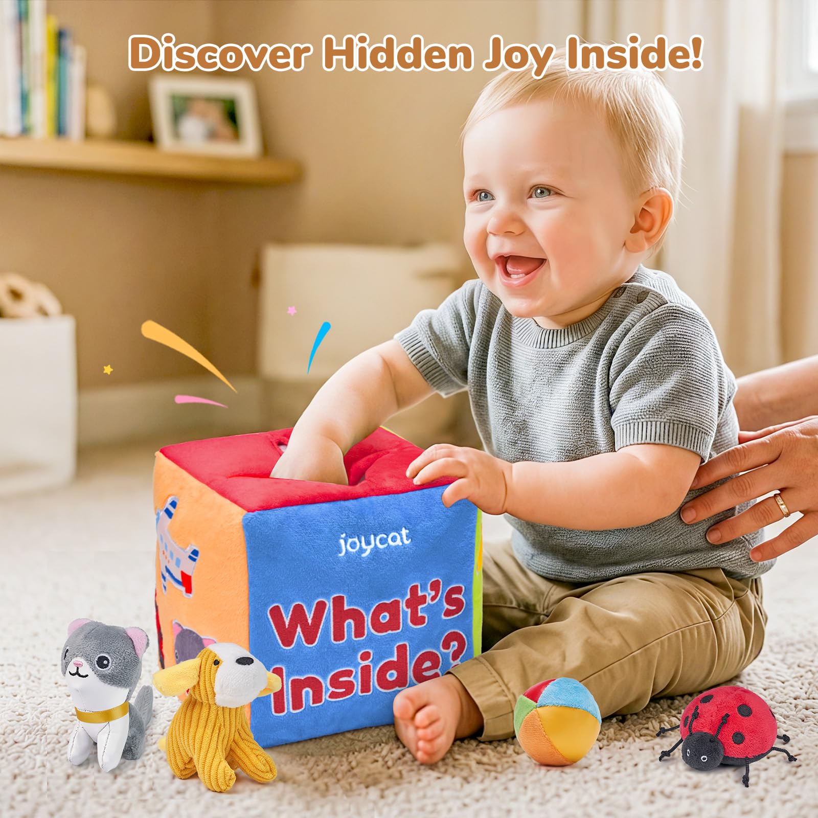 JoyCat Giochi Neonato 6-12 Mesi - Scatola Morbida misteriosa con 10 Pezzi di Giocattoli Sensoriali, Sonaglio, Specchio, Giochi Montessori Sensoriale per Bambini Regalo Bimbo Bimba