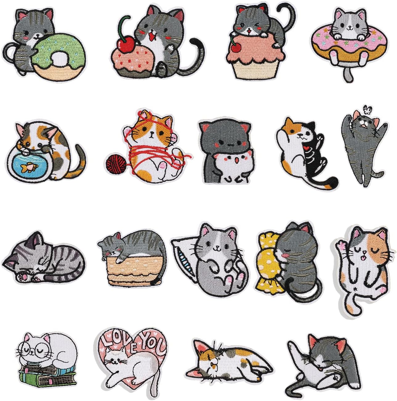 Nicime 18Pcs Cute Cat Patches for Clothing, Iron on/Sew on Cat Applique, Iron