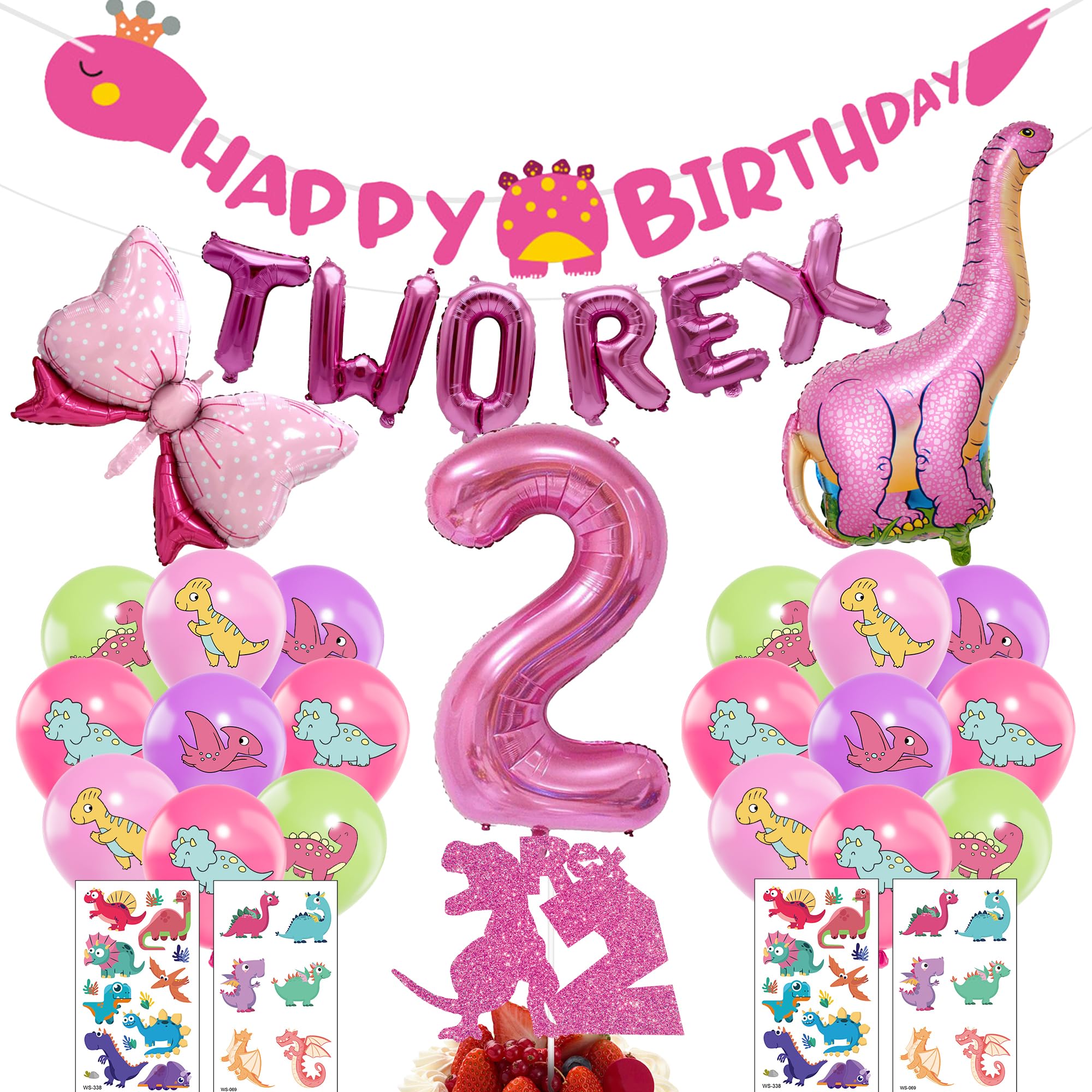 2nd Dinosaur Birthday Party Decorations - 33 Pcs Pink Happy Birthday Banner Two Rex Letter Foil Latex Balloons Dinosaur Printed Decoration For Kids Boys Children 2 Years Old Birthday Party Supplies