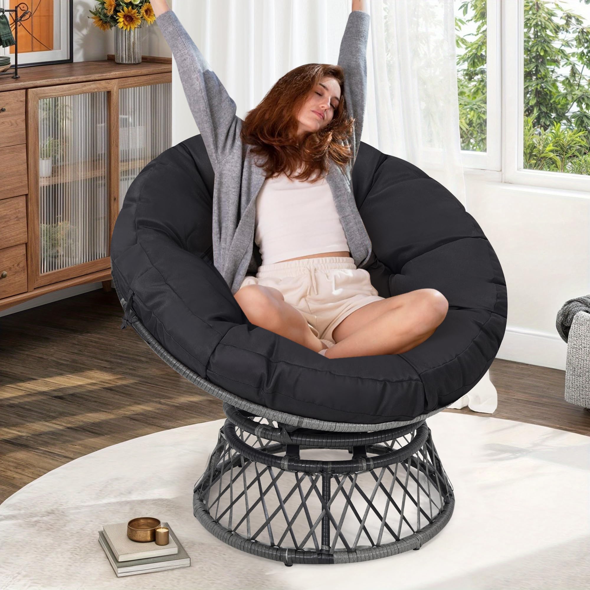 37" Wicker Papasan Circle Chair 360° Swivel, Indoor Outdoor Furniture, Ideal for Teenagers, Frame with Black Thick Cushion