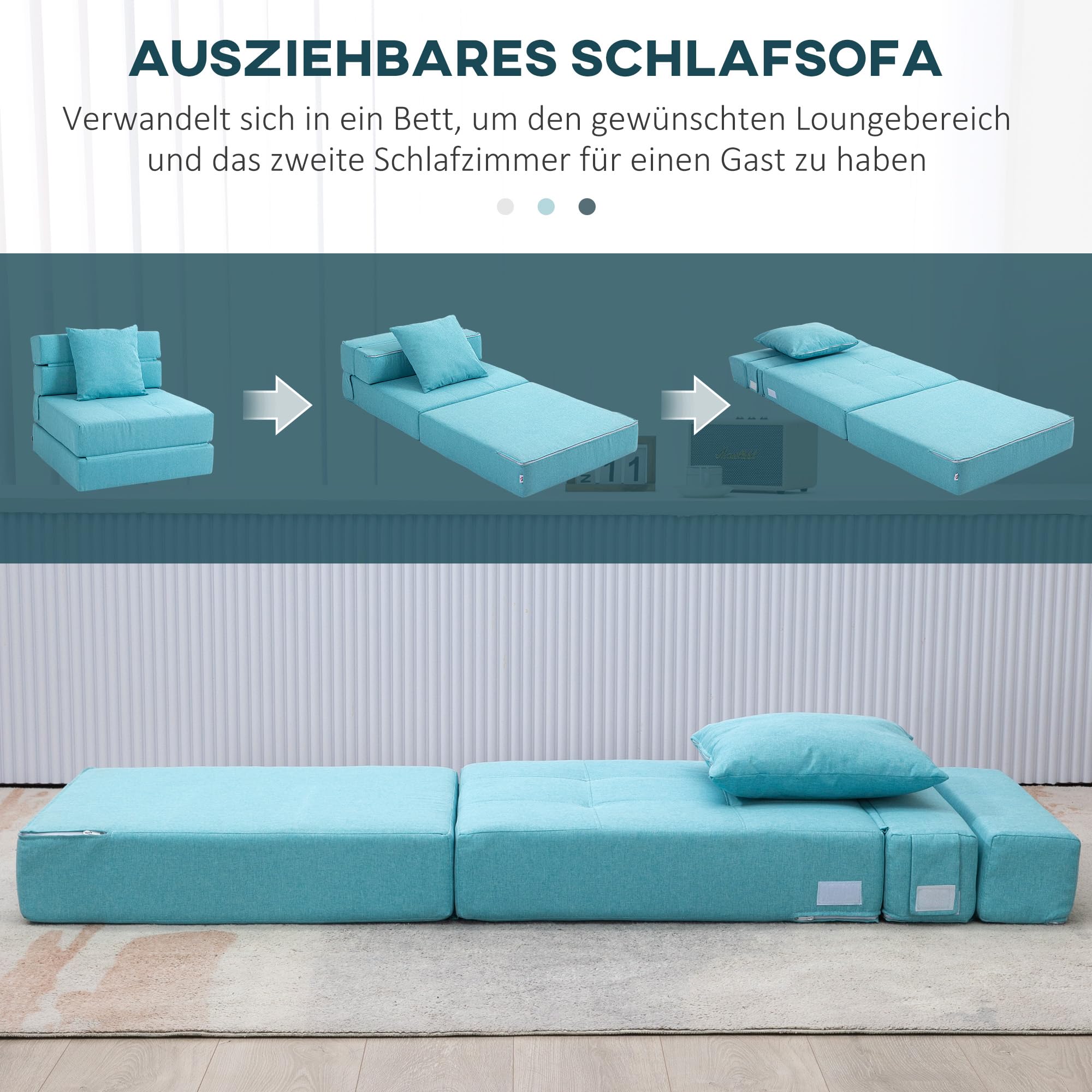 HOMCOM Schlafsessel klappbar, Schlafsofa, 2-in-1 Klappsessel mit Bettfunktion, Relaxsessel mit Kissen, Gästebett für Wohnzimmer, Schlafzimmer, bis 120 kg Belastbar, Blau