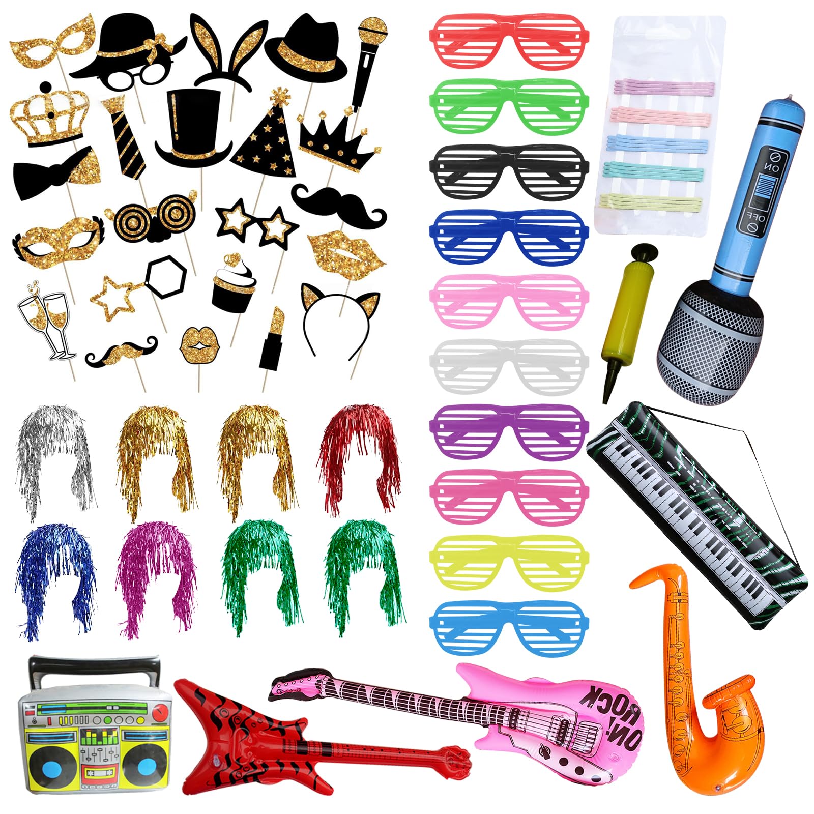 Lot de 68 accessoires de décoration de fête - Accessoires de boîte photo - Décoration de fête - Perruques gonflables - Accessoires de fête pour mariage, Halloween, Noël, décoration de table