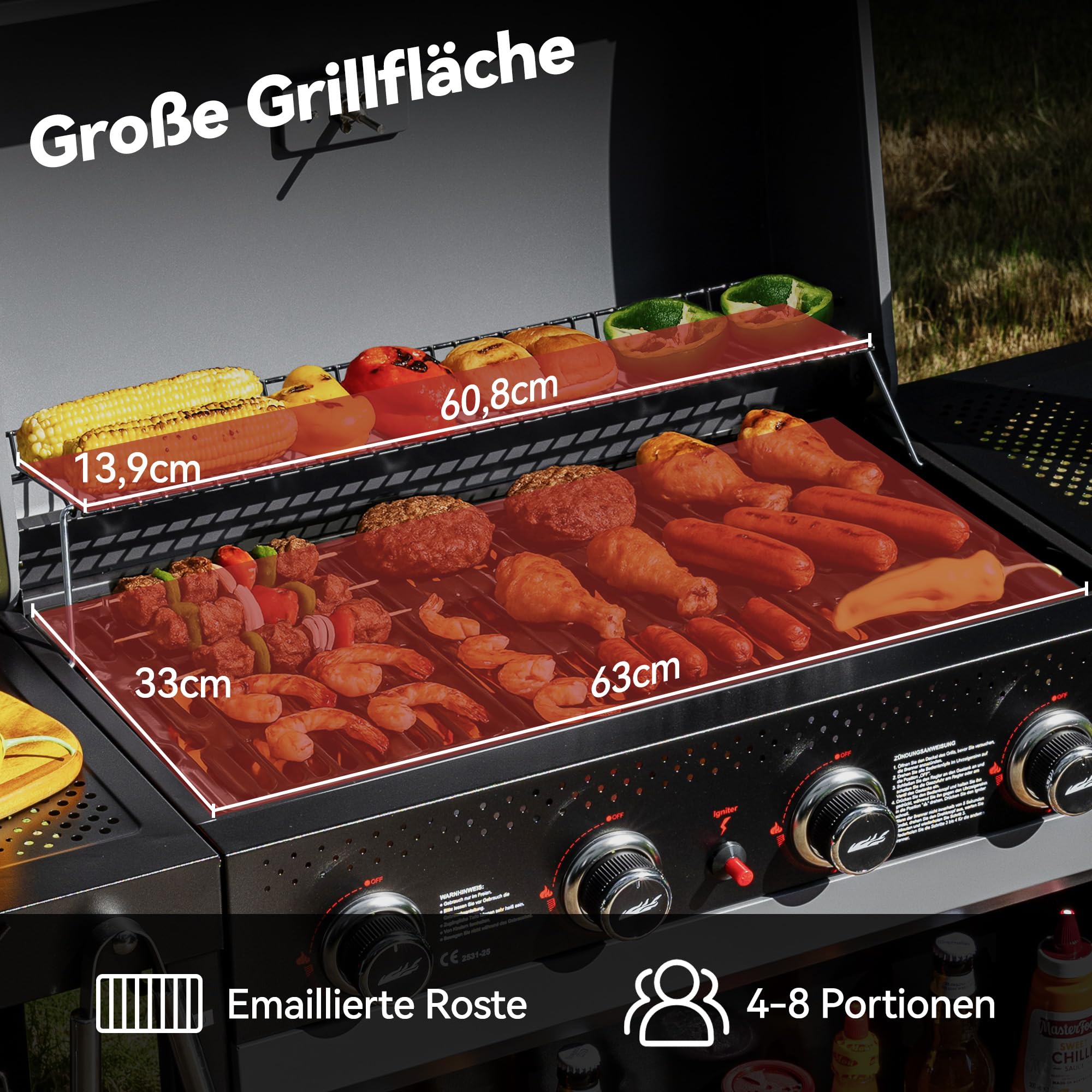 Royal Gourmet 4-Brenner Gasgrill 10 kW Grillwagen mit klappbaren Seitenablagen, Ablagekorb, Outdoor Gasgrill für Balkon, Terrasse, Garten und Camping