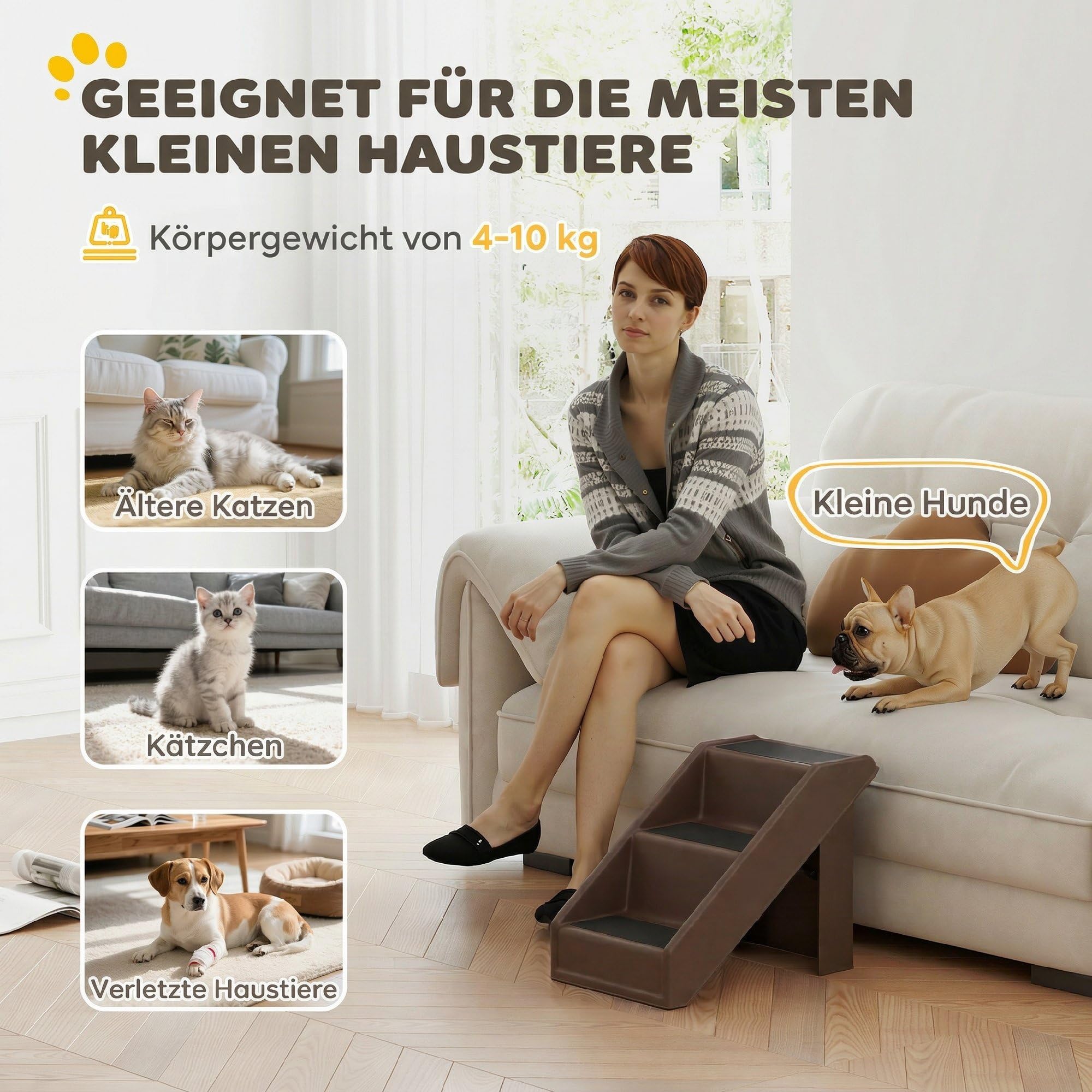 PawHut Hundetreppe 3 Stufen 36,5 cm Hoch Haustiertreppe für Kleine Hunde klappbar Katzentreppe Hunderampe Einstiegshilfe für Bett, Sofa, Couch und Auto Braun