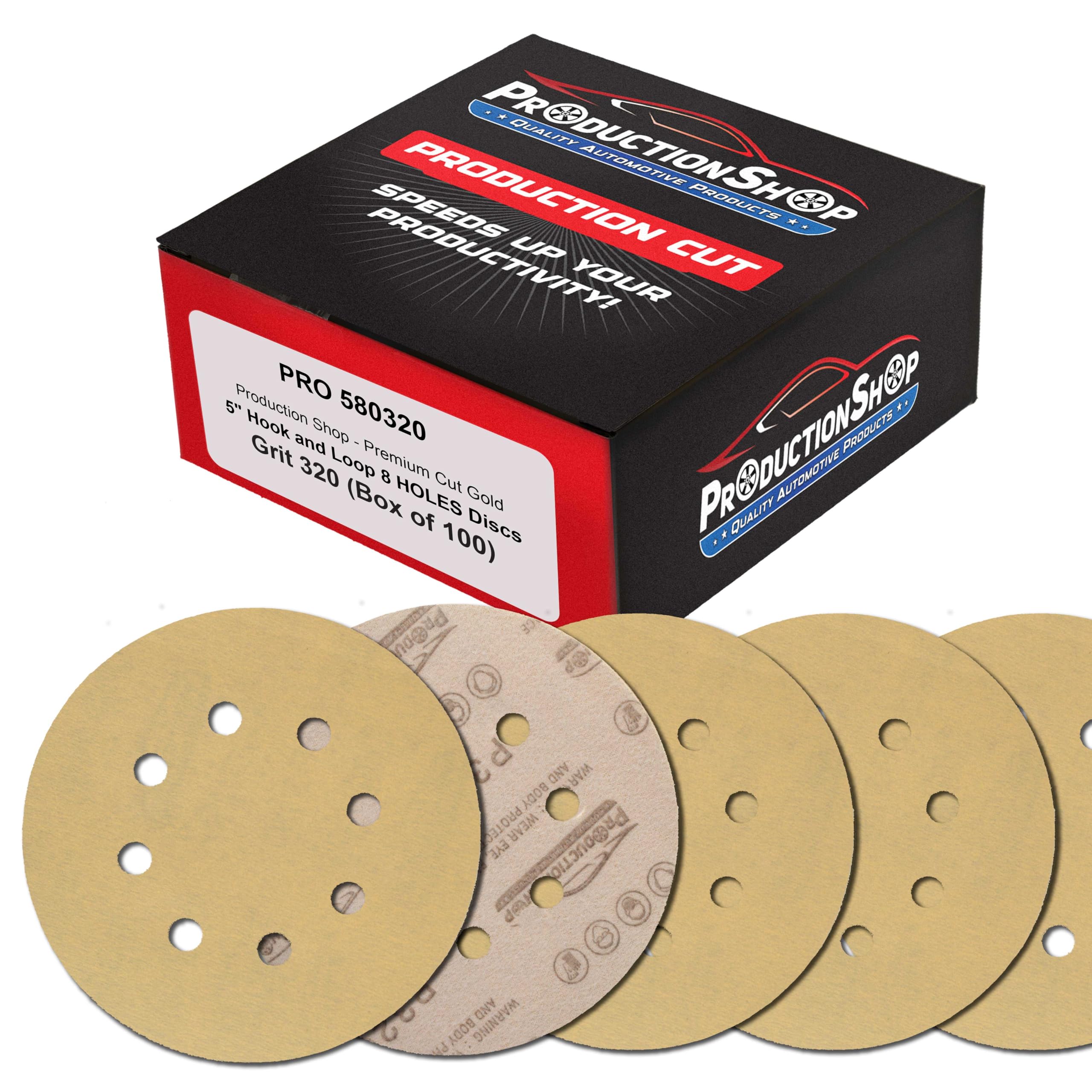 ProductionShop Premium 320 Grit 5" Gold Sanding Discs, 8-Hole Pattern, Box of 100 - Dustless Hook & Loop Backing Sandpaper for DA & Random Orbital