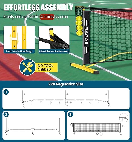 Miniatura 6 de BAGAIL Portable Pickleball Net Set with Wheels, 22 FT Regulation Size & 11 FT Half Court Size 2-in-1 Pickle Ball Net with Ball Collector, Carry Bag,