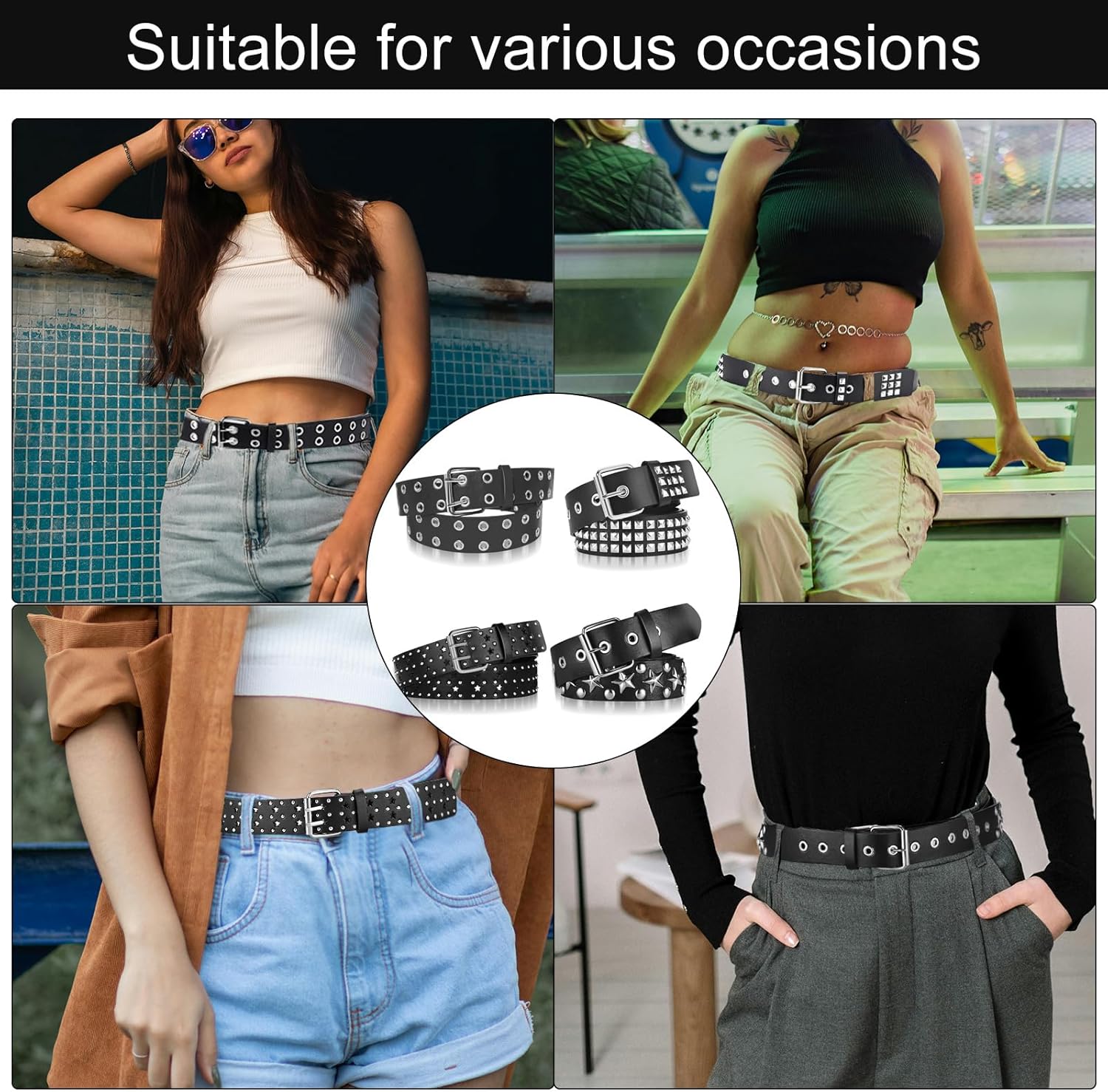 4 Piece Studded Rivet Double Grommet Belt Set - Faux Leather Gothic Goth Black - Punk Style Accessories for Men Women - Ideal Gift - Image 7