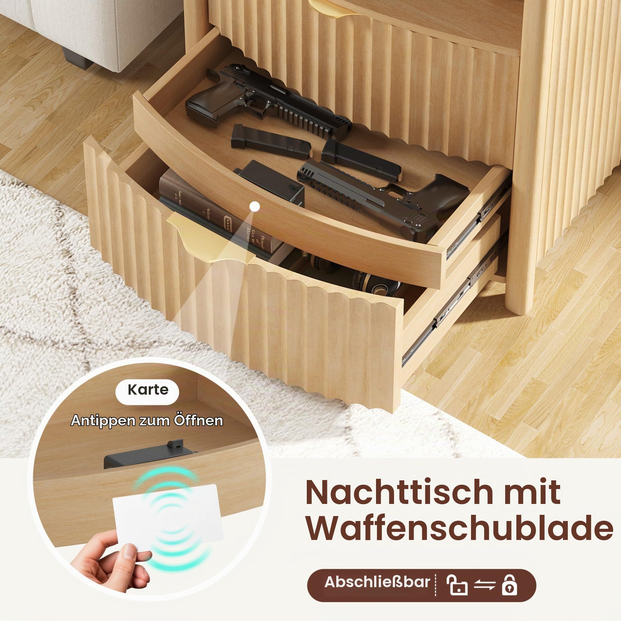 TAGELIER LED Nachttisch mit Geheimfach & Ladestation, Naturholzfarbe