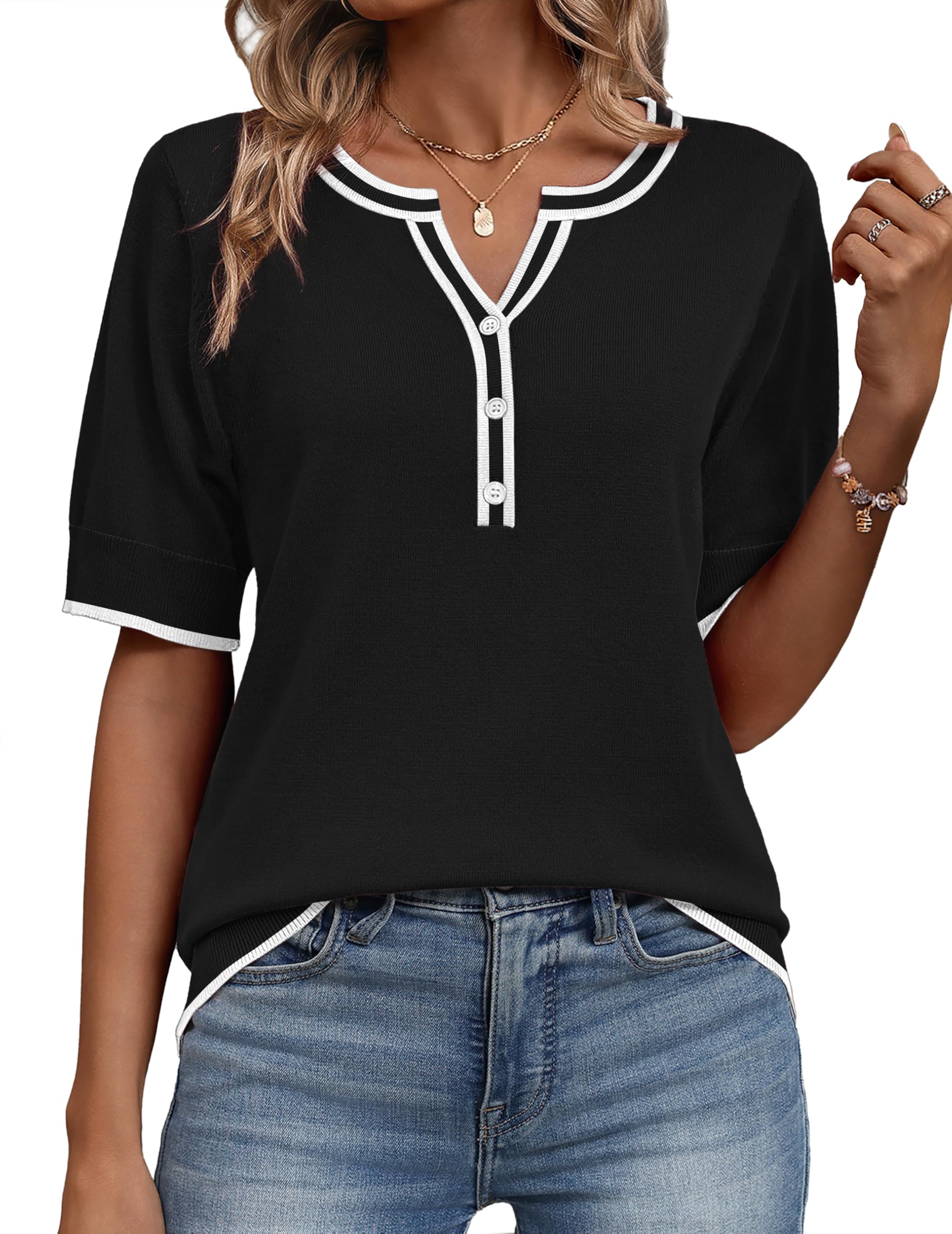 Zeagoo Womens Short Sleeve Sweater 2026 Spring Summer Tops Lightweight Casual V Neck Sweaters Dressy Work Blouses Clothes