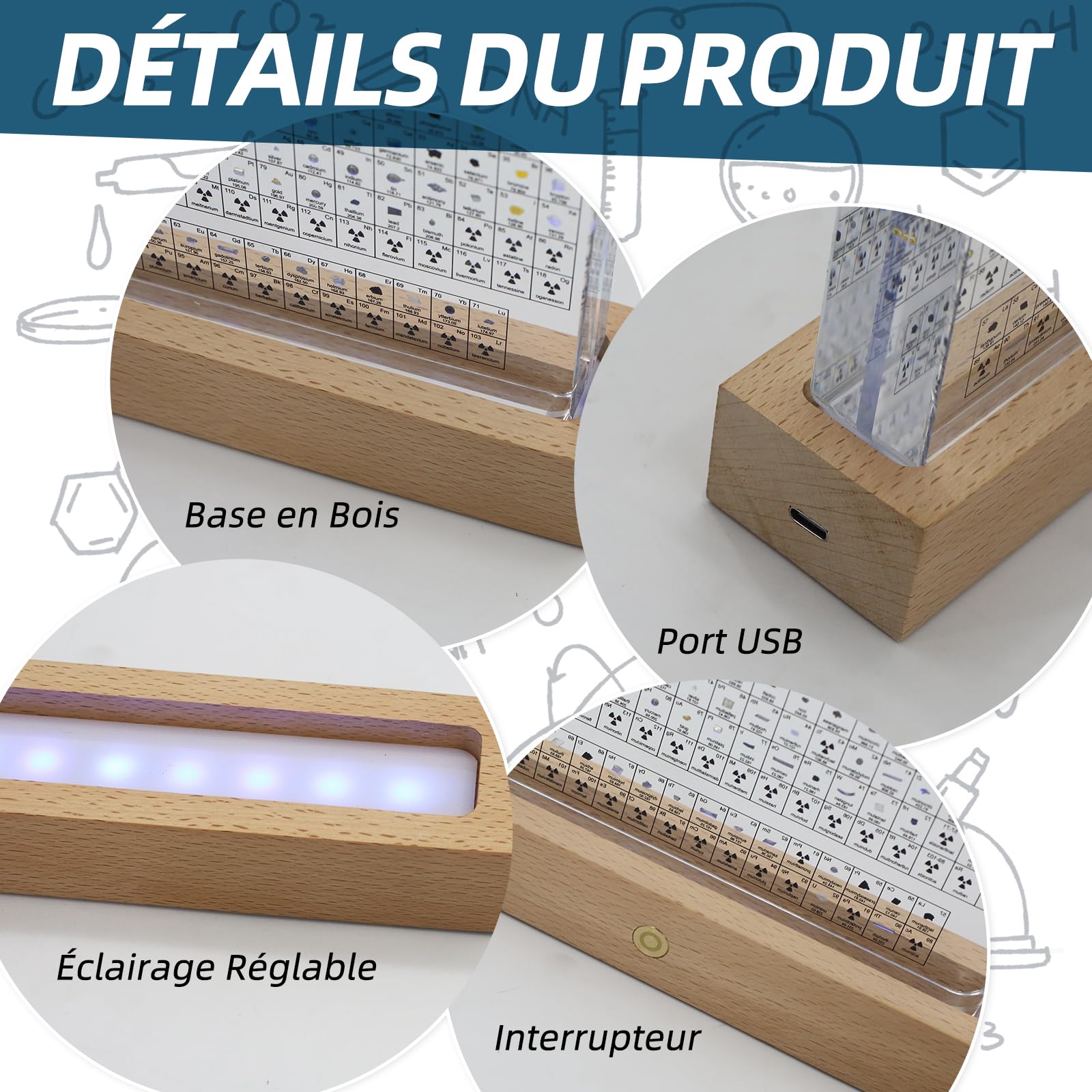 Lampe de Bureau Tableau Périodique LED avec 83 Échantillons d'Éléments Réels Décoration Scientifique en Acryl pour Bureau et Chambre d'enfant Cadeau Éducatif STIM Idéal pour Élèves et Étudiants