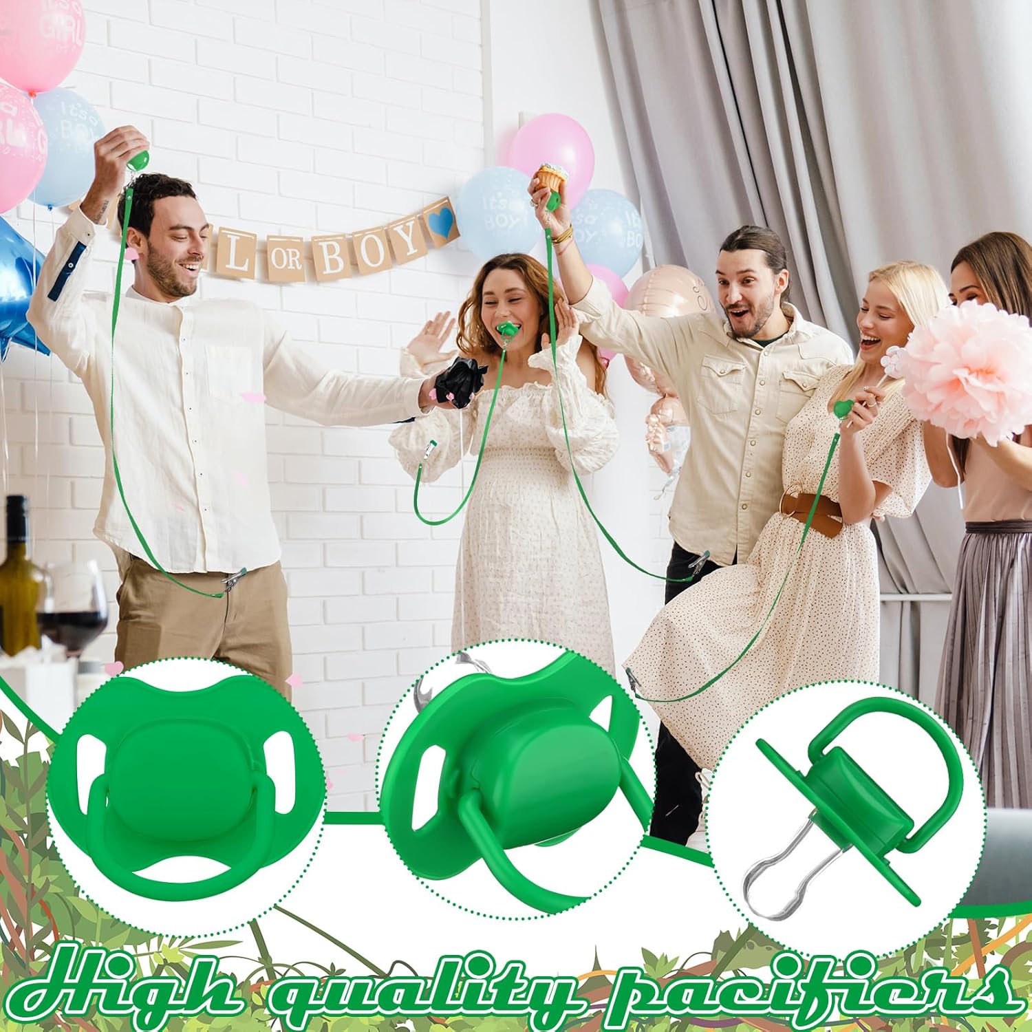 Geelin 12 Sets Swing Pacifier Baby Shower Games Funny Gender Reveal Games, Include 1 Wooden Sign and 12 Plastic Pacifiers for Bridal Baby Shower Gender Reveal Party Women Men(Jungle Animals,Green)