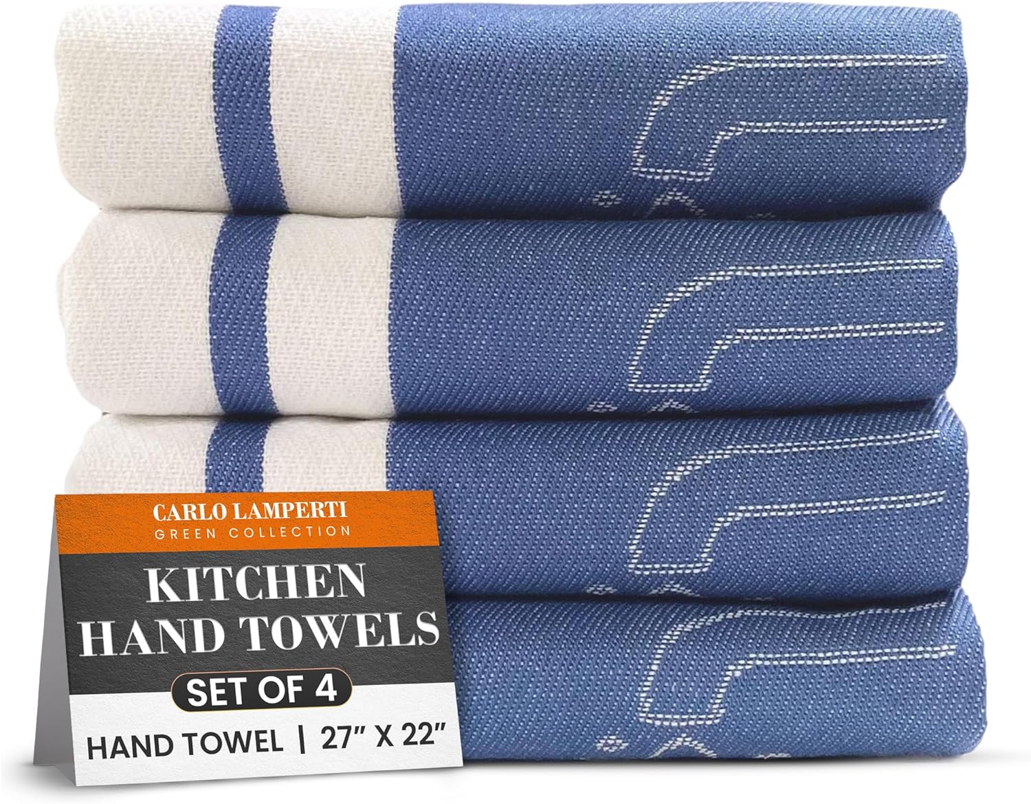 Premium Kitchen Hand Towels for Drying Hands by Carlo Lamperti Italy 27x22 (4 Pack) Terry-Tea Kitchen Towels for Home Chef - Machine Washable Recycled Cotton Poly Durable with Hanging Loop Blue