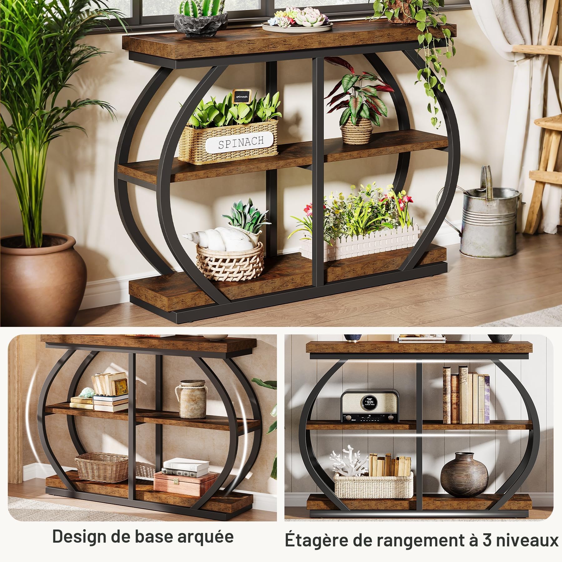 Tribesigns Table console 105 cm, table d’entrée industrielle à 3 niveaux avec structure métallique incurvée et espaces de rangement pour le salon et le couloir, brun