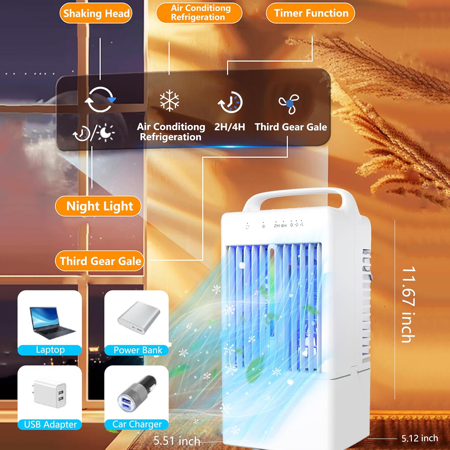 Portable Air Conditioners - Upgraded 90° Auto Swing Mini Personal Air Conditioner - 3 Speeds & 2/4H Timer, 900ml Water Tank, 7 Color Light, Evaporative Air Cooler AC Cold Fan for Bedroom Office Desk