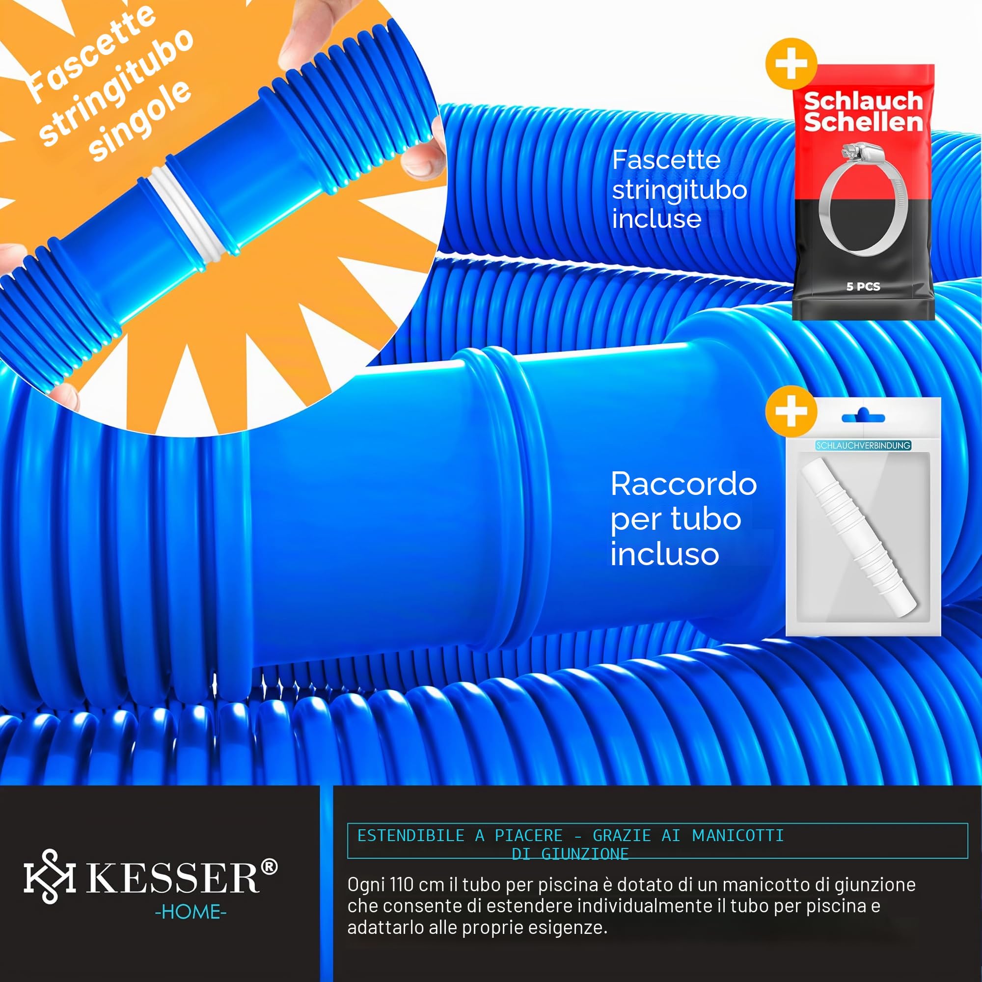 Tubo per piscina KESSER | tubo per con manicotti | tubo solare per piscina da esterni e al coperto | aspirazione | flessibile per pompa | flessibile dell’acqua