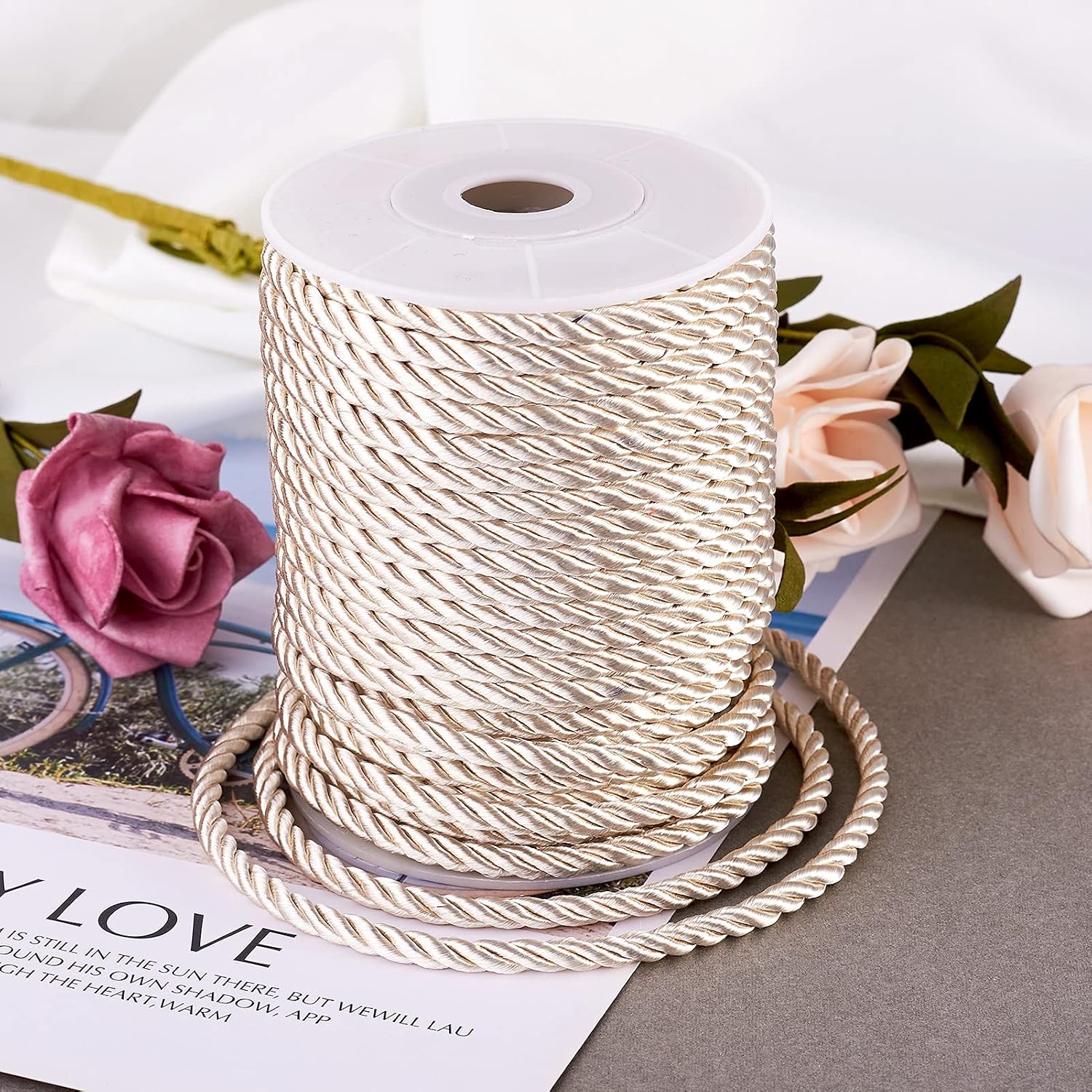 Elecrelive 18 Yards Twisted Satin Nylon Cord Silk Rope 5mm Twisted Cord Trim String for Macrame Bracelets Curtain Home Christmas Ornament, Blanched Almond