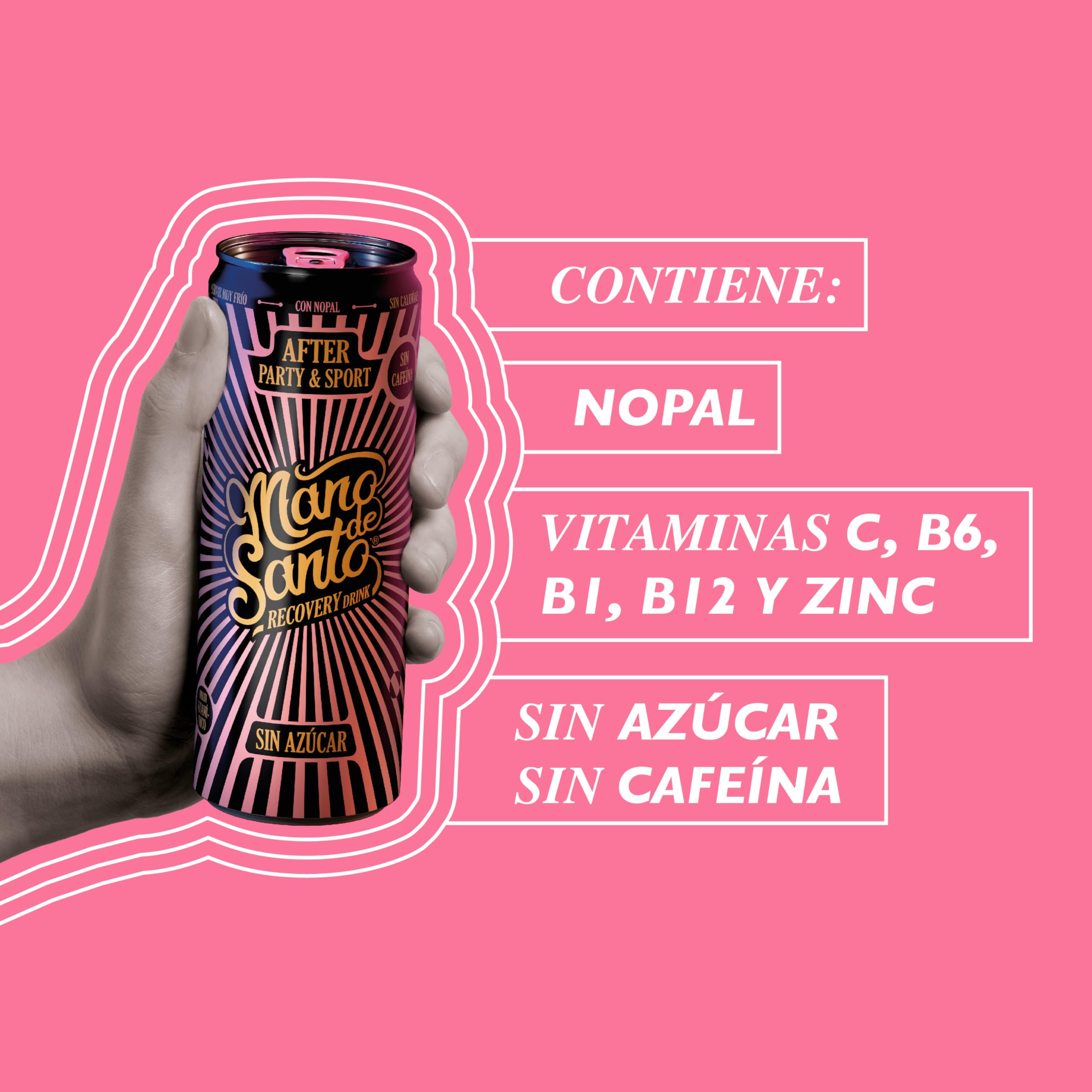 MANO DE SANTO – Refresco reconstituyente con vitaminas Sport Recovery Drink | Mejora el Rendimiento e Hidratación | Vitamina C B1 B6 B12 y Nopal | Energía Sin Cafeína - Sin Azúcar | 250 ml - 14 latas