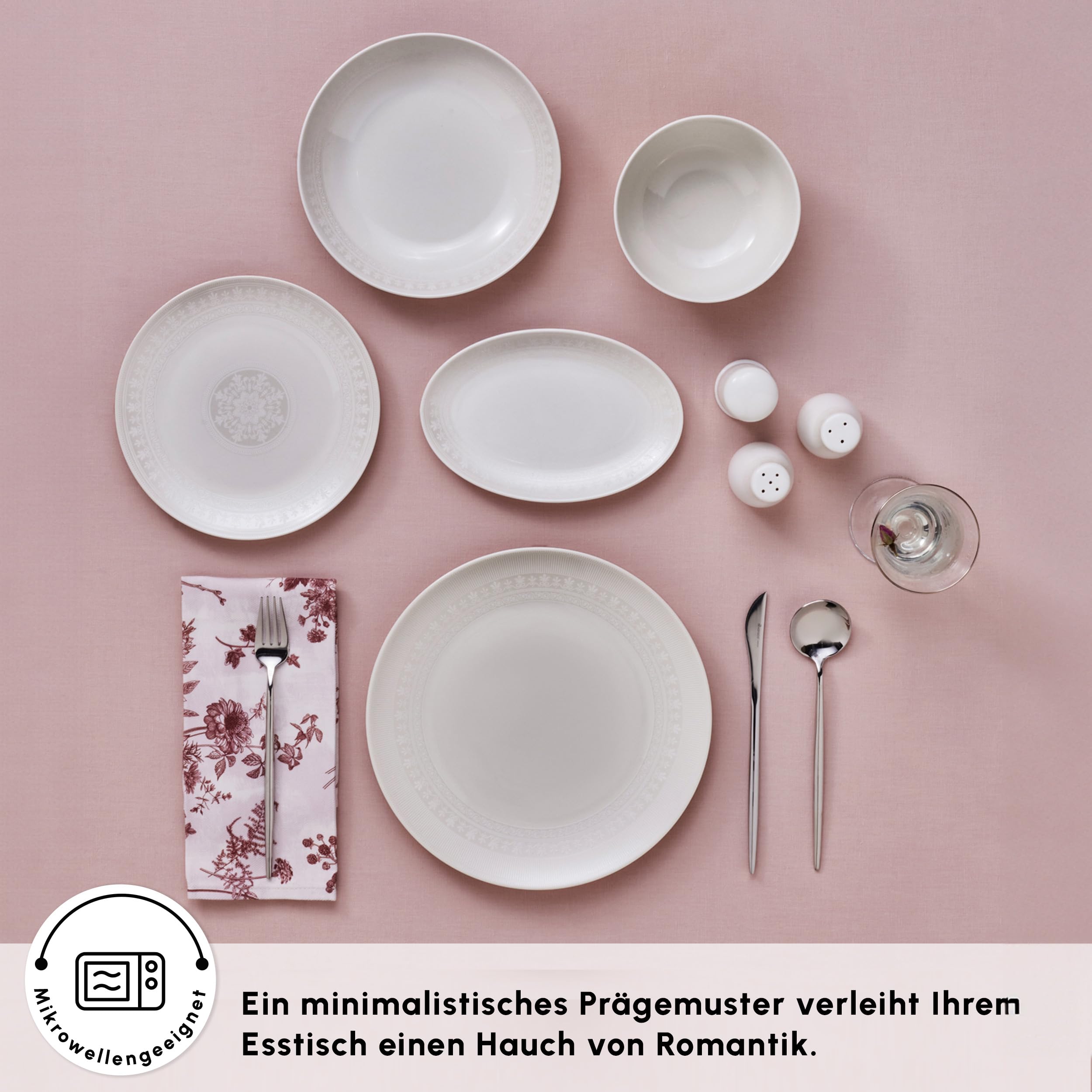 Karaca Forever Bone Artiste Service de Table 53 Pièces pour 12 Personnes, Vaisselle Blanc en Porcelaine avec Assiettes, Bols à Céréales/Soupes, Plats de Service, Petites Assiettes, Salière & Poivrière