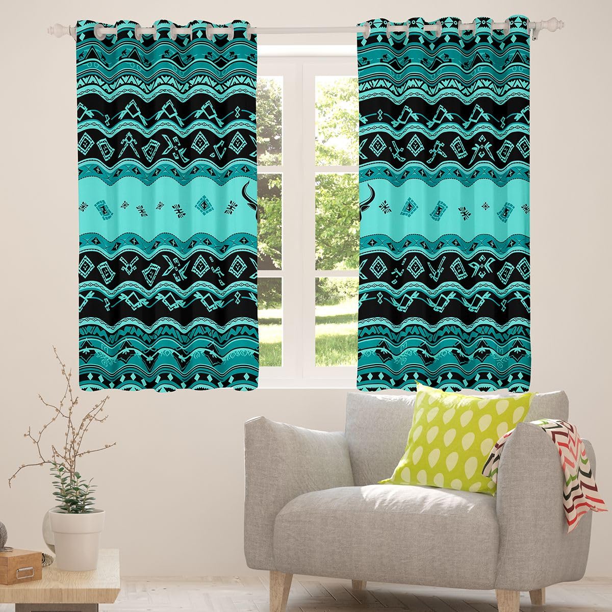 Homewish Rustykalne zasłony zaciemniające w stylu westernowym, 132 x 160 cm, egzotyczne zasłony w stylu vintage, na przelotkach, do salonu, sypialni, geometryczne boho, do pokoju z krową, 2 panele
