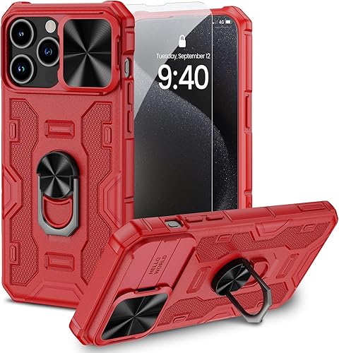 NULETO Funda para iPhone 15 Pro Max con funda deslizante para cámara y soporte de anillo con protector de pantalla, funda protectora magnética para