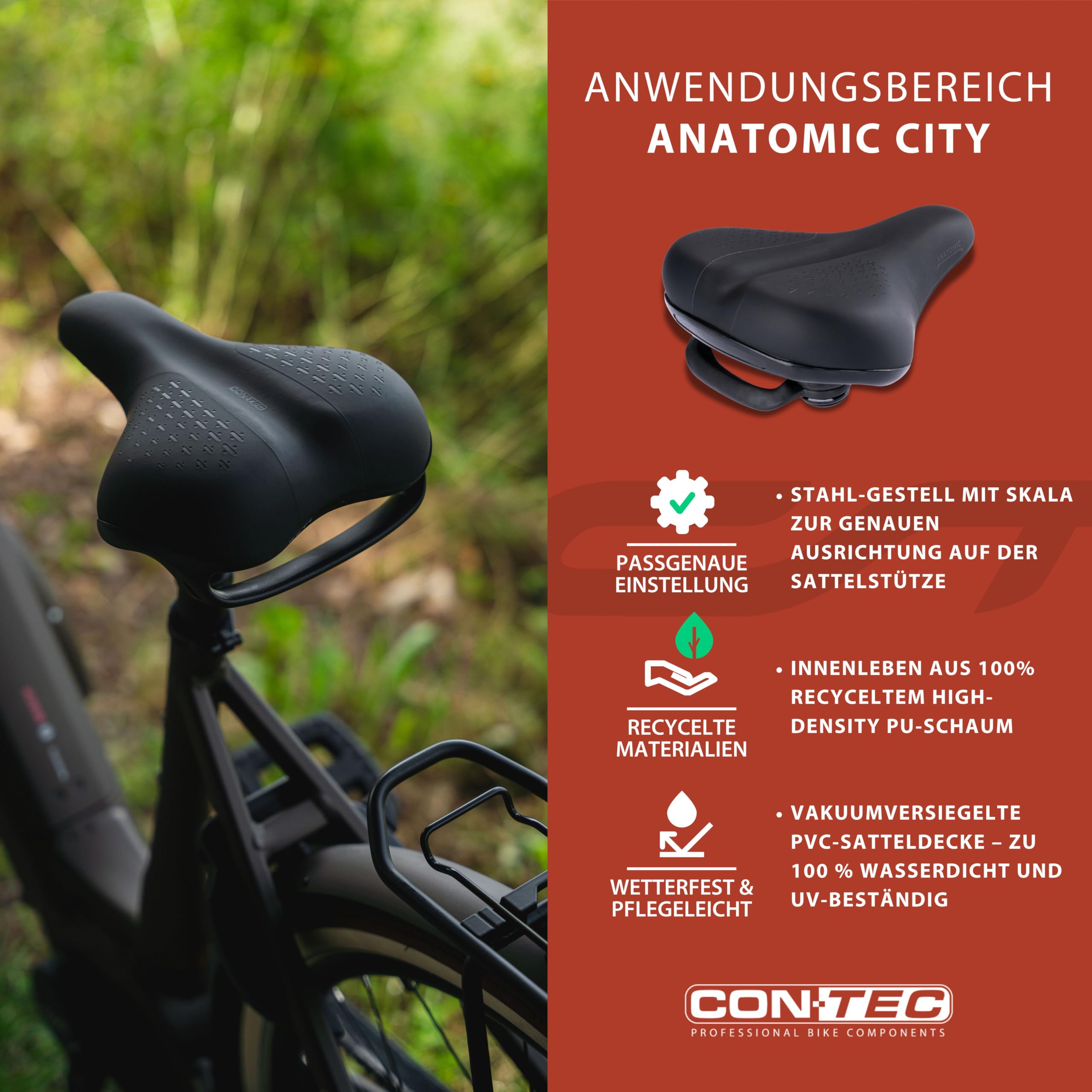 CONTEC Fahrradsattel Anatomic City, aus Polyurethan, Stoßdämpfend, bequemer Fahrradsattel, inkl. Skala, Ergonomischer Fahrrad Sattel für Herren & Damen, schwarz