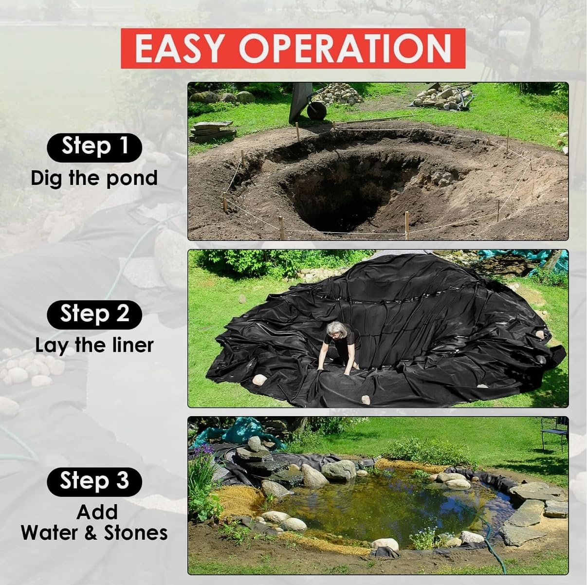 teichfolie 9X9m poolfolie Kann Wiederverwendet Schwarze Folie Garten, Reißfest Baufolie Flexibel Gartenteiche Dichtungsfolie Teichmembran Folie Wassergarten und Wasserfall