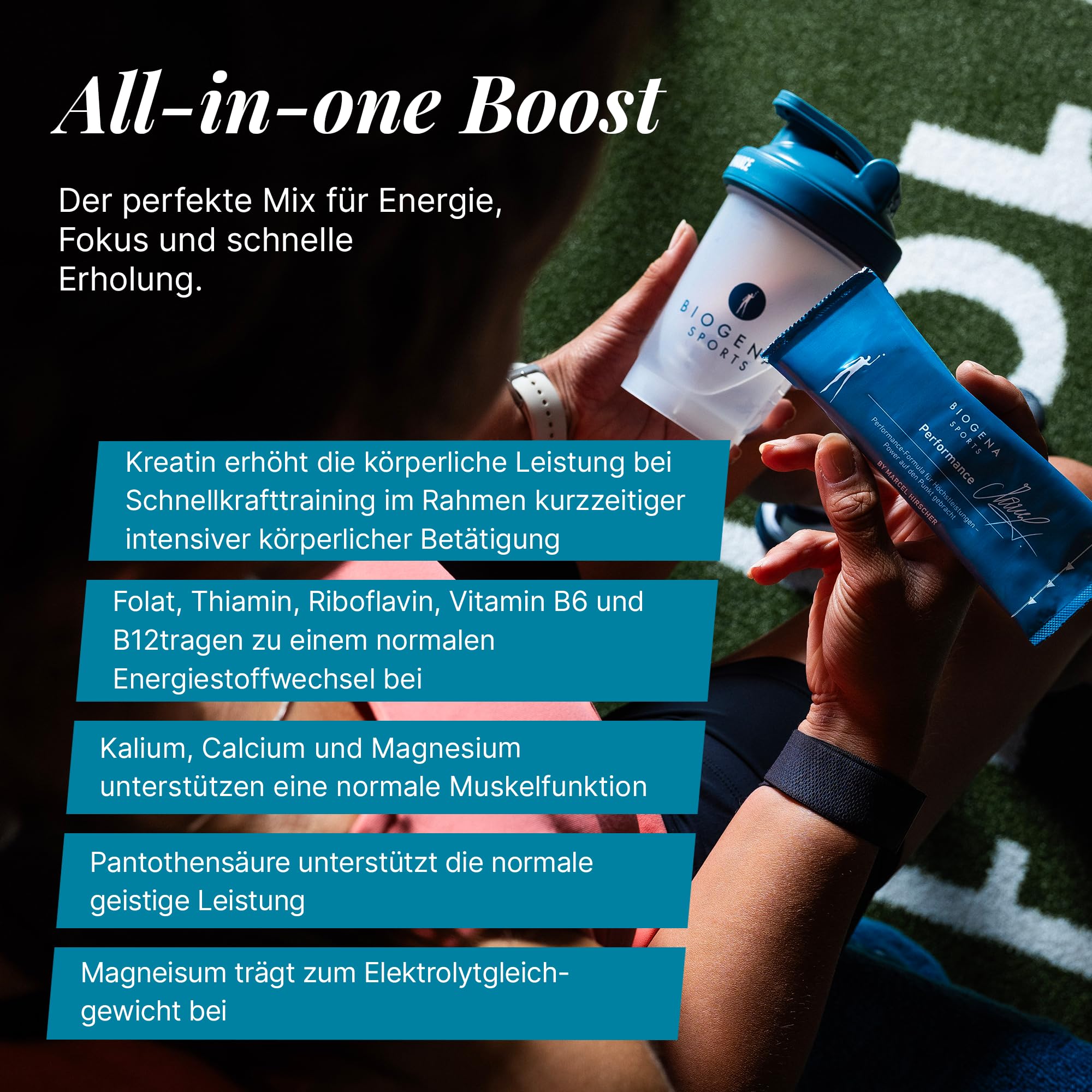 BIOGENA SPORTS – Performance Nahrungsergänzungsmittel – Komplex mit Kreatin, PEAK ATP®, Ashwagandha & L-Carnitin 30 Sachets – Sorgfältig abgestimmte Mikronährstoffe für sportlich aktive Athlet:innen